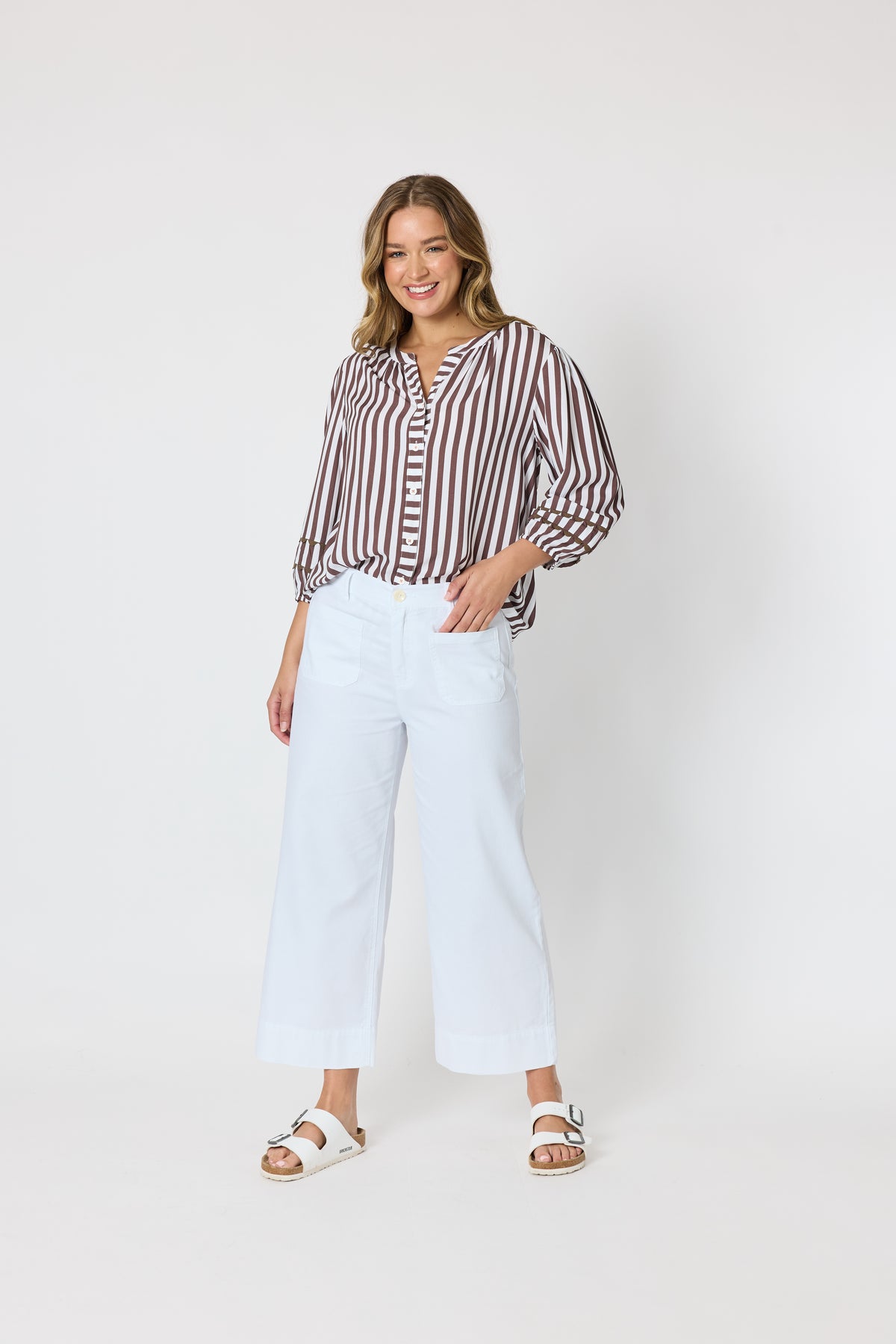 Threadz Montecito Stripe Top - Coffee/White