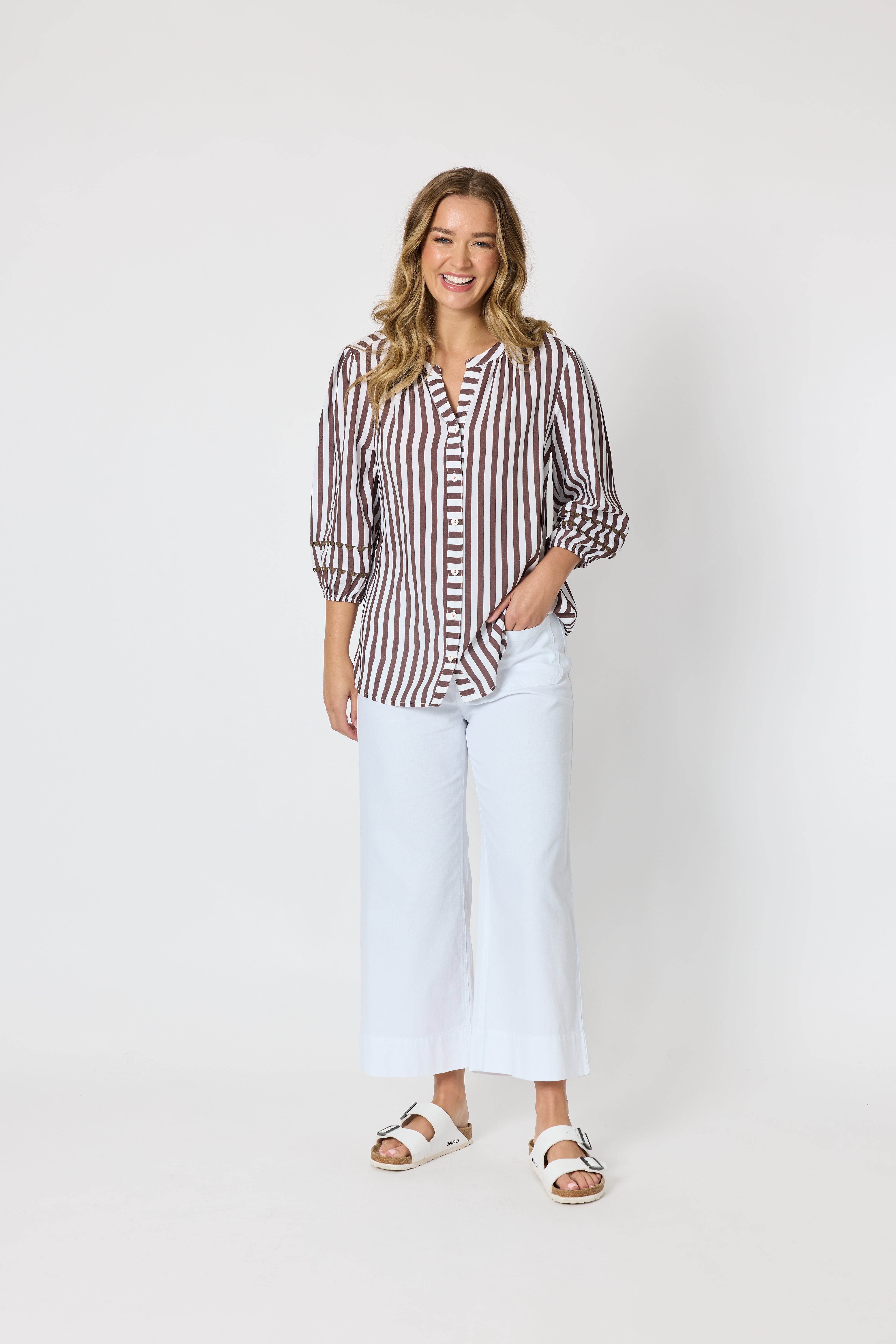 Threadz Montecito Stripe Top - Coffee/White