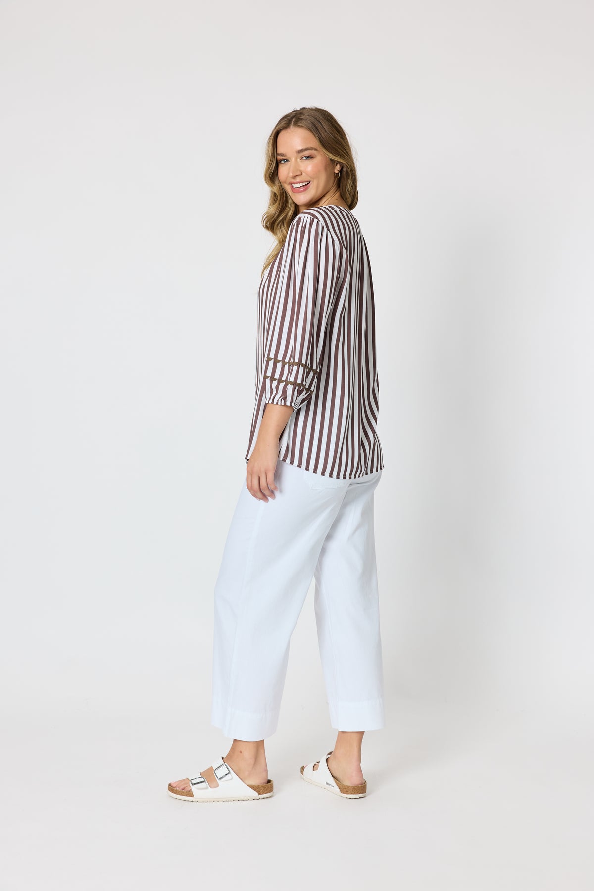 Threadz Montecito Stripe Top - Coffee/White