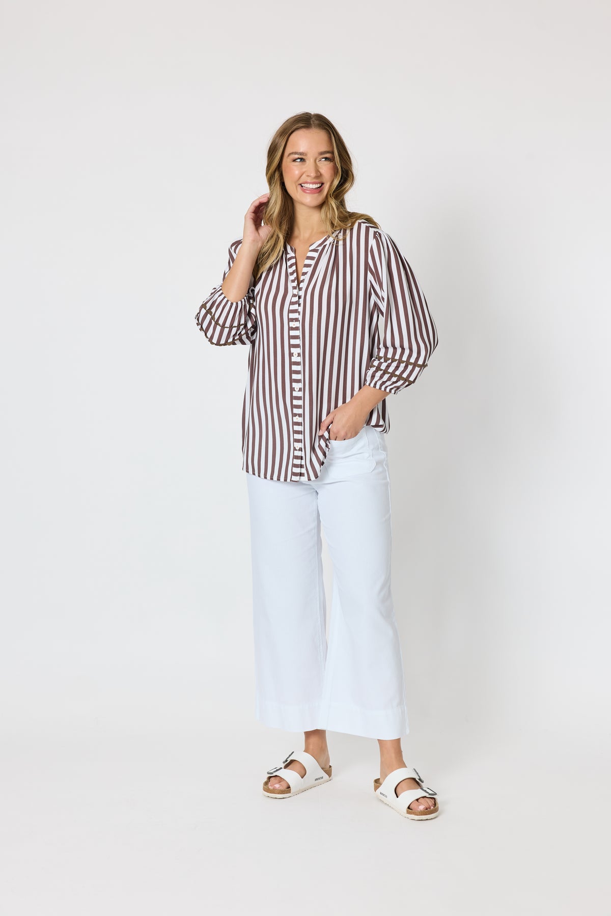 Threadz Montecito Stripe Top - Coffee/White
