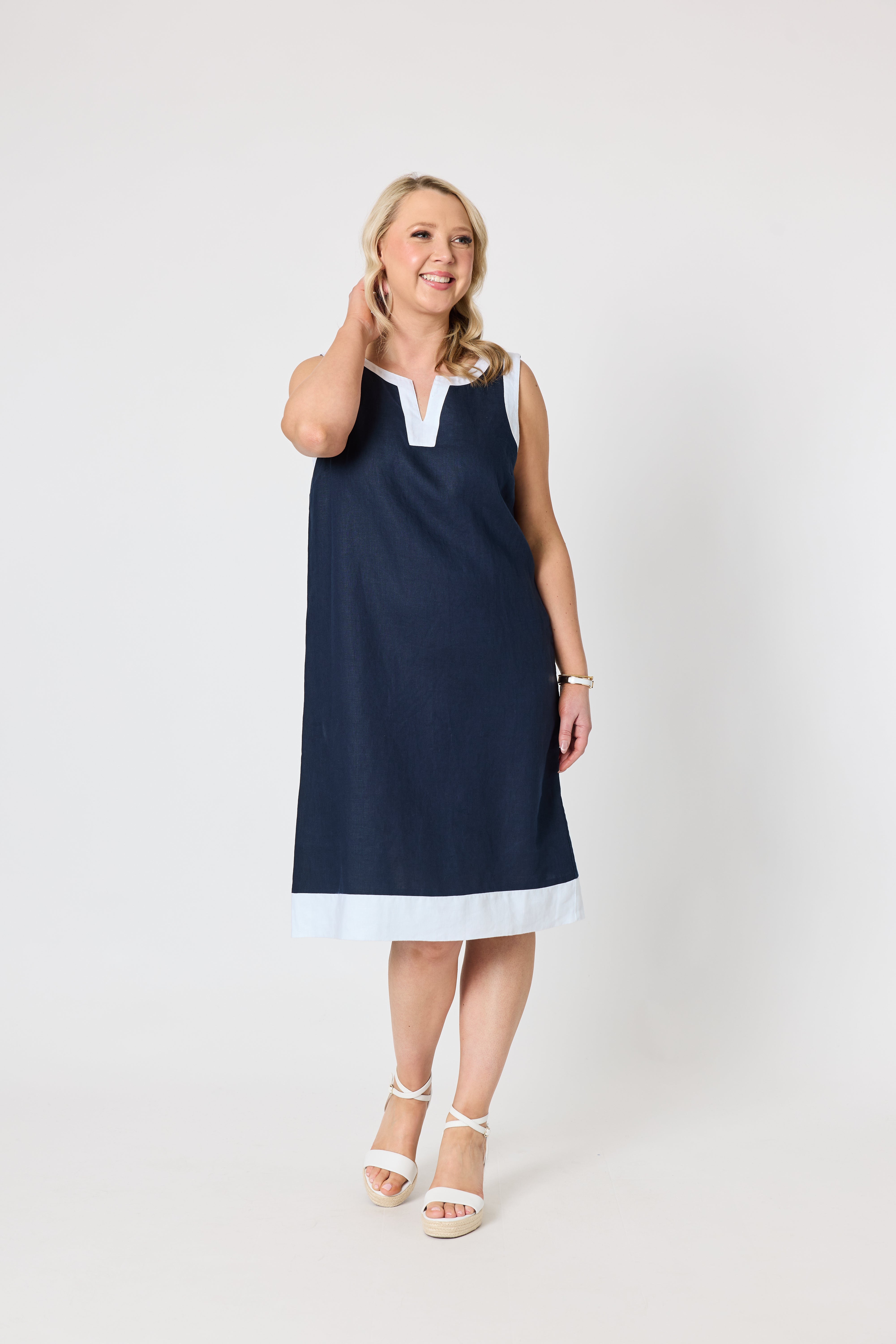 Gordon Smith Chloe Linen Dress - Navy/White