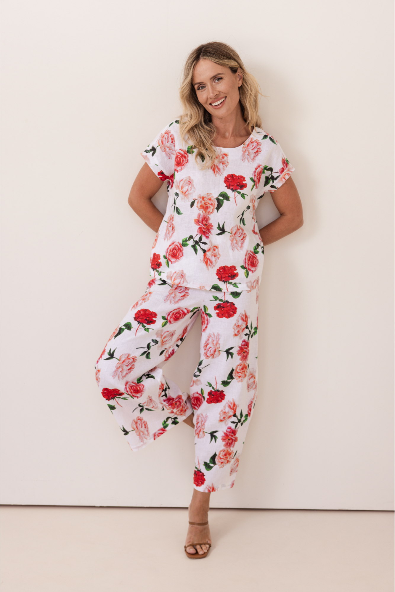 See Saw Button Back Cap Sleeve Top - Roses