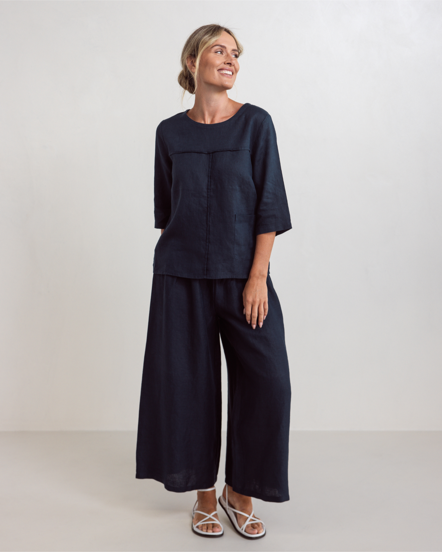 See Saw 3/4 Sleeve Seam Detail Top - Navy