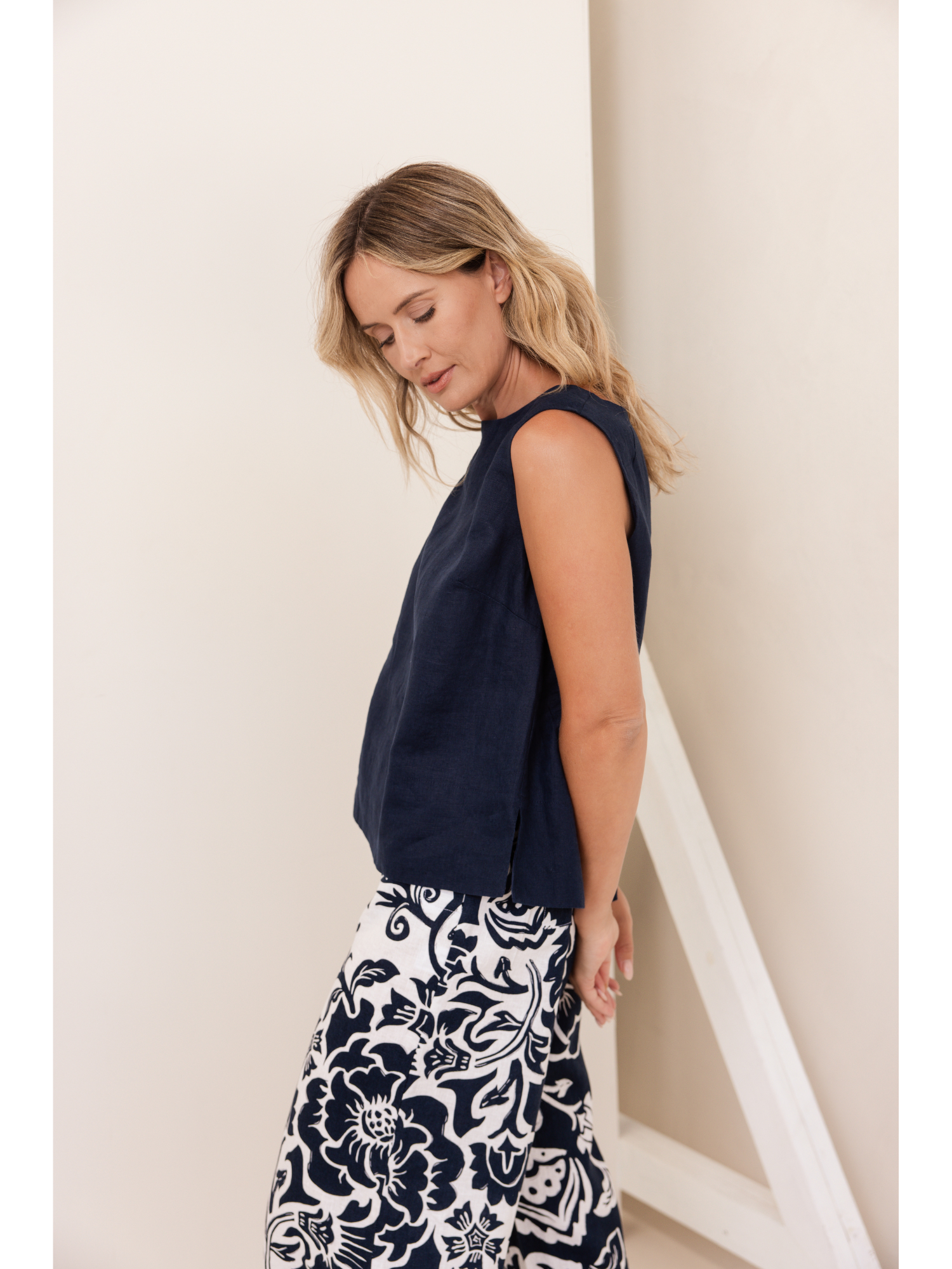 See Saw Sleeveless Button Back Top - Navy
