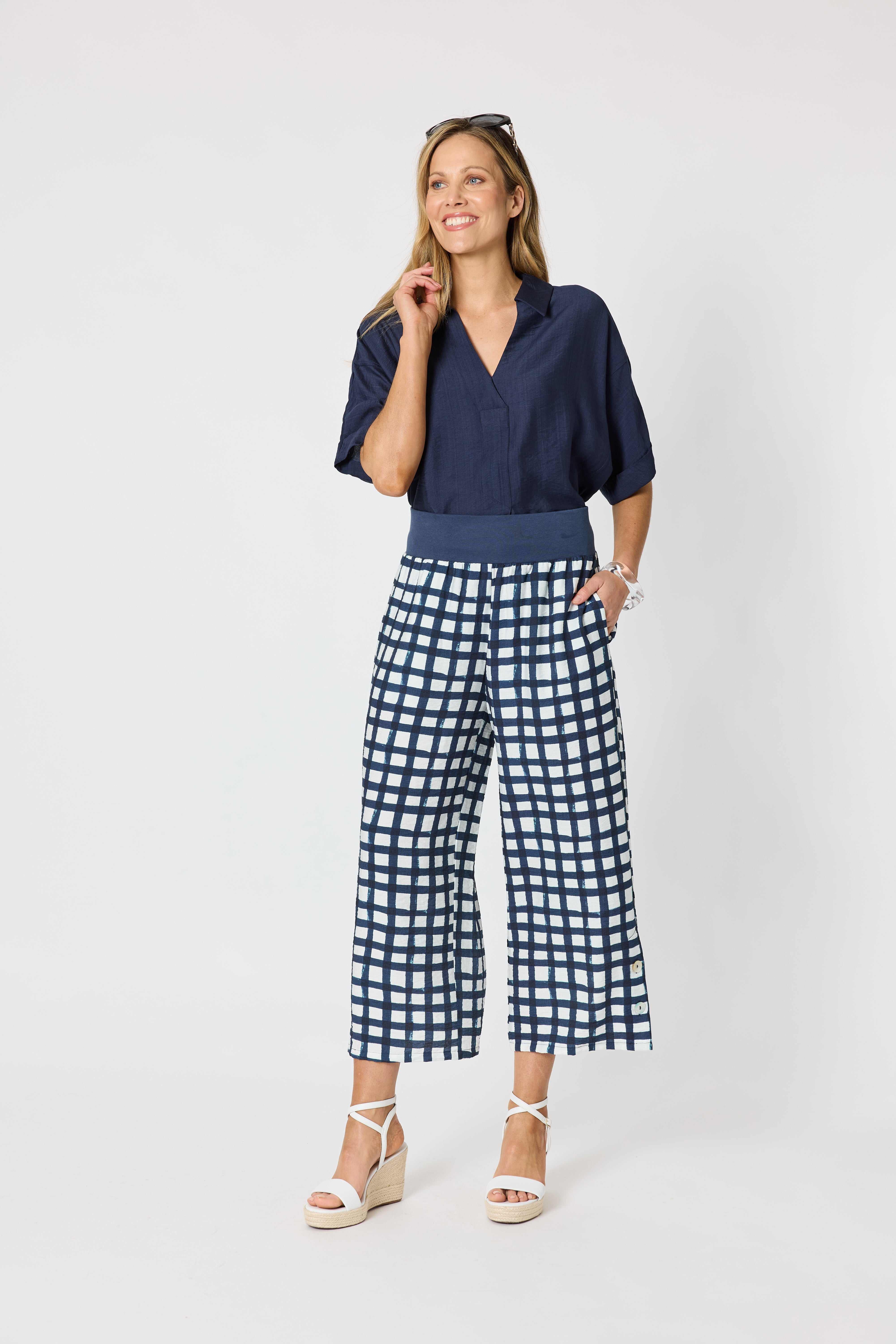 Clarity Monaco Grid Pant - Navy/White