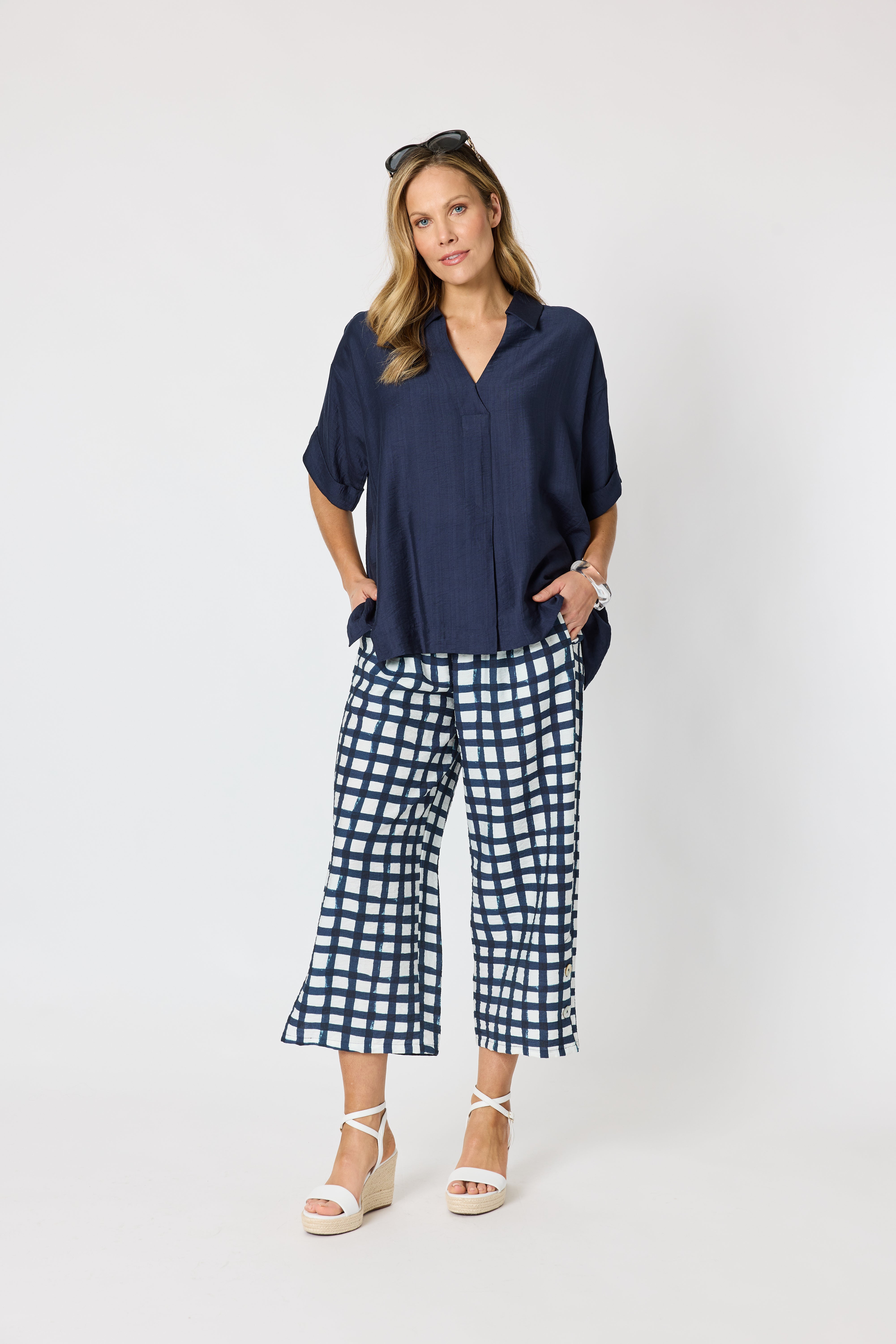 Clarity Monaco Grid Pant - Navy/White