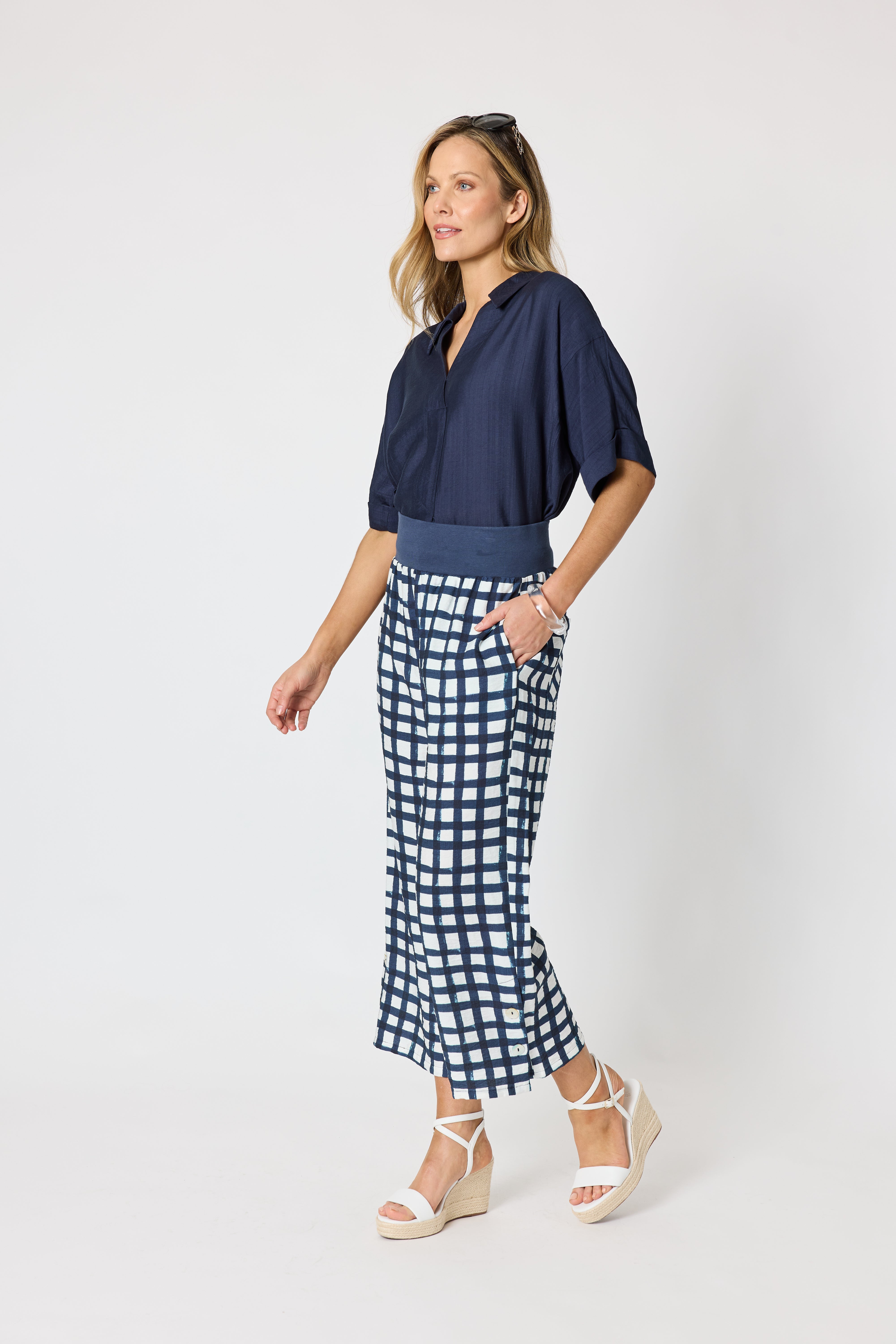 Clarity Monaco Grid Pant - Navy/White