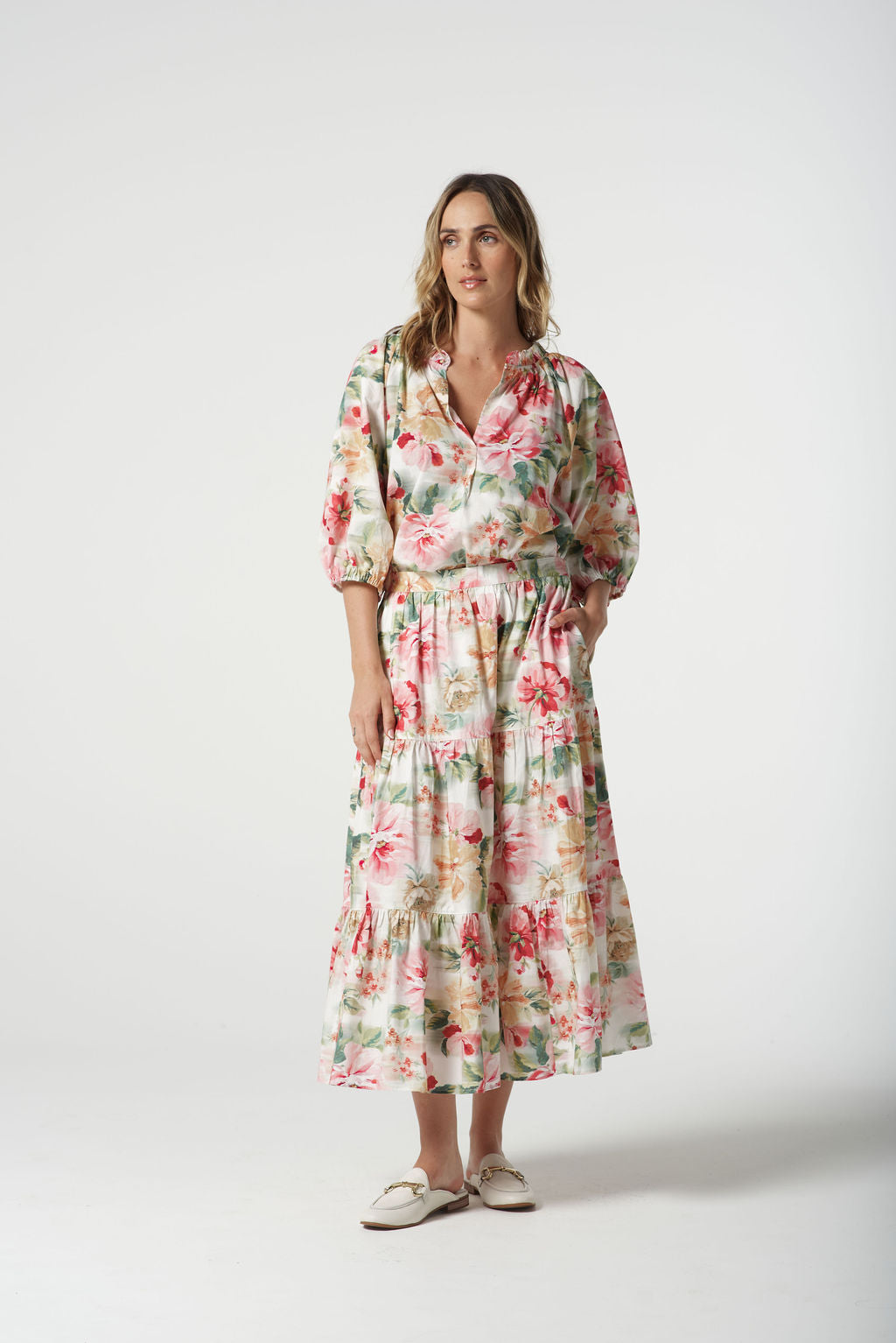 Goondiwindi Cotton Lagoon Tiered Cotton Skirt - Blurred Floral