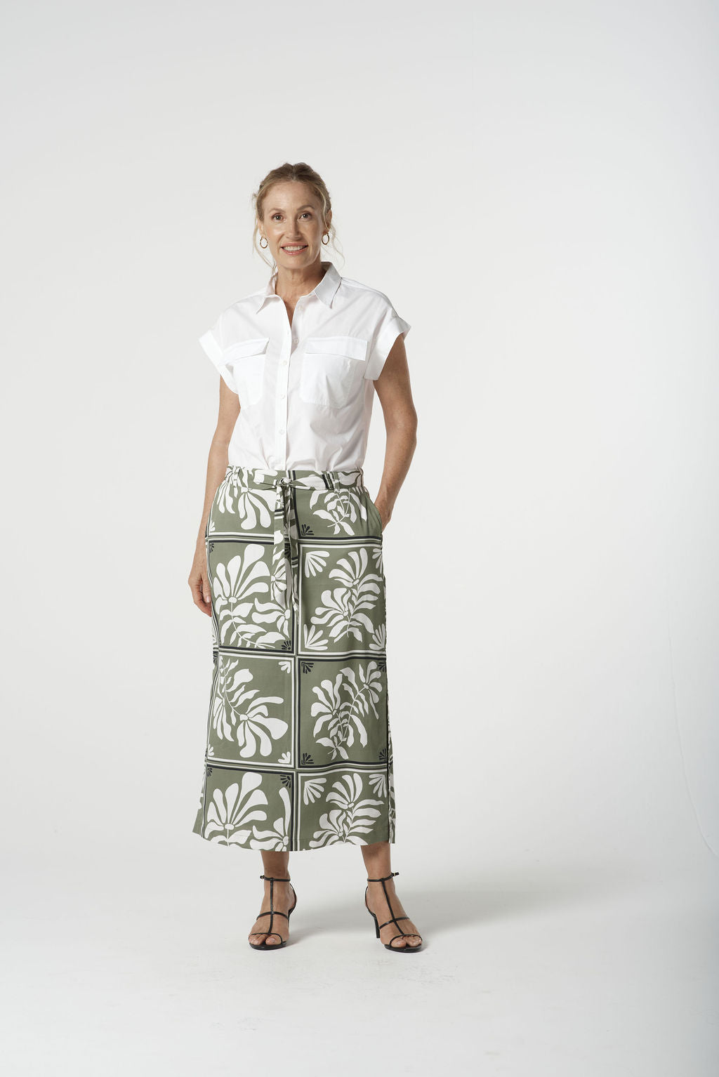 Goondiwindi Cotton  Side Split Skirt - Sage Green Print