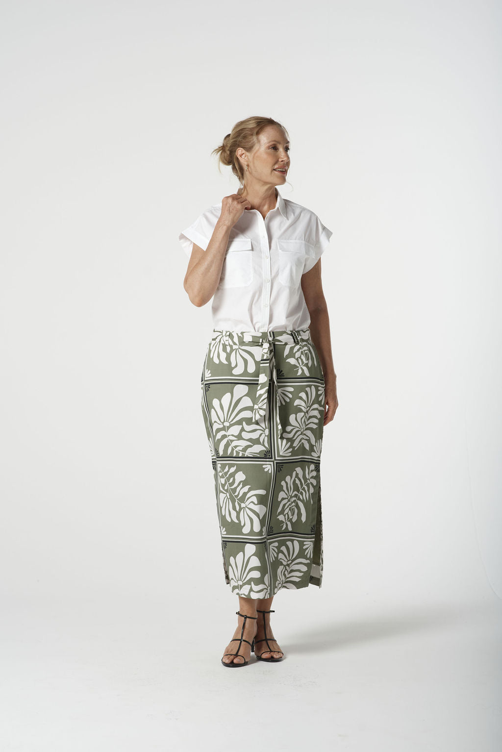 Goondiwindi Cotton  Side Split Skirt - Sage Green Print