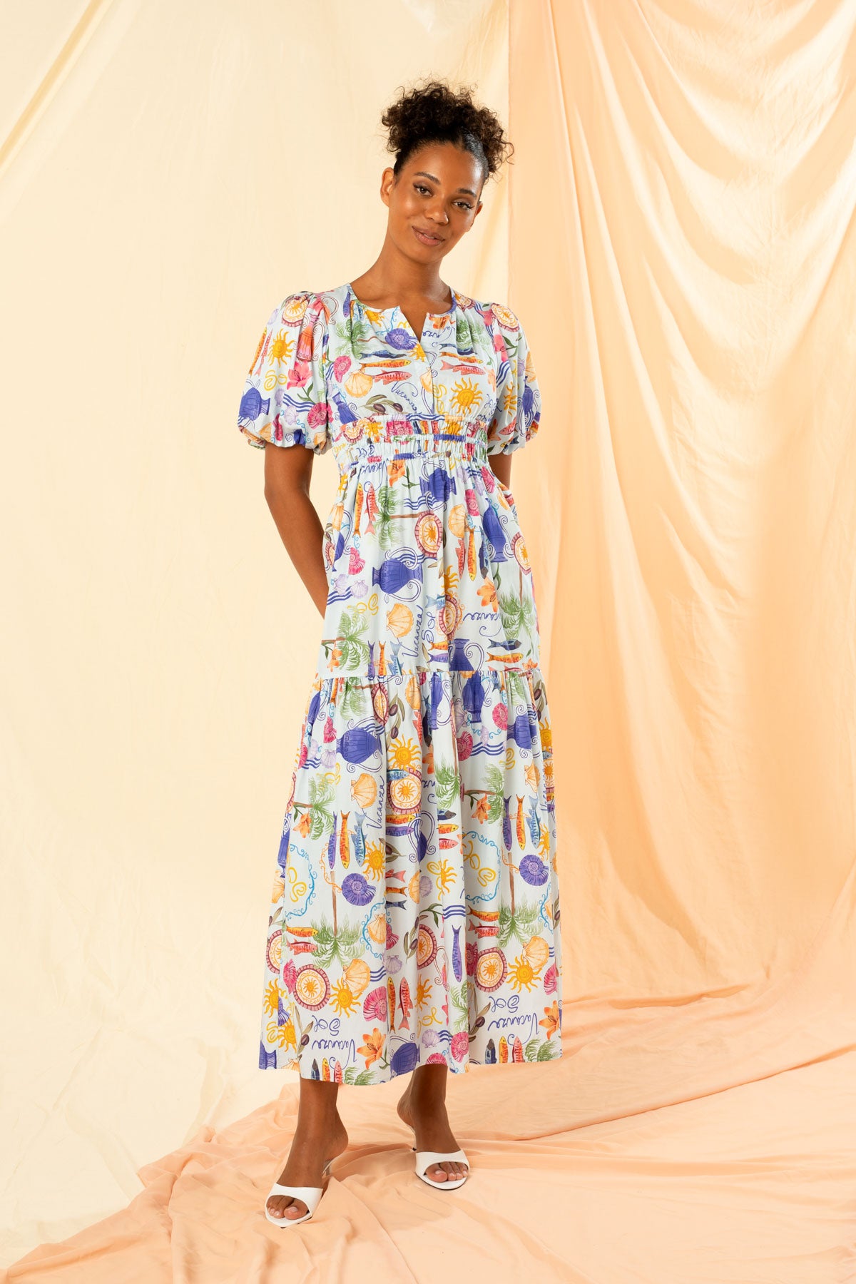 Kachel Roma Shirred Waist Maxi Dress - Blu Holiday Sun