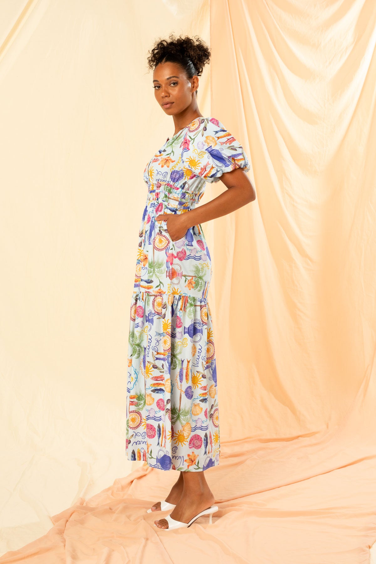 Kachel Roma Shirred Waist Maxi Dress - Blu Holiday Sun