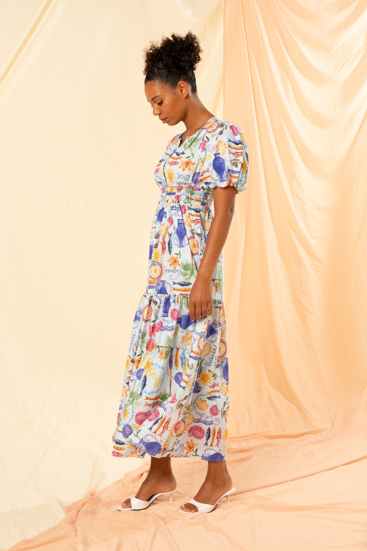 Kachel Roma Shirred Waist Maxi Dress - Blu Holiday Sun