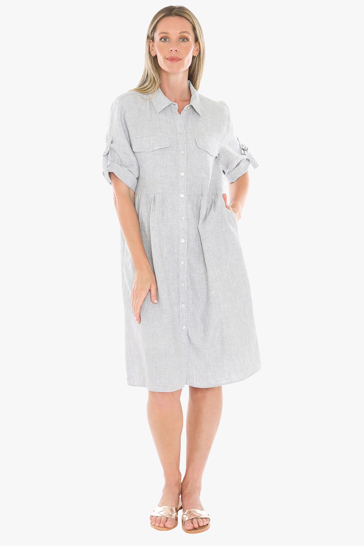 Jump Linen Collared Pocket Shirt Dress – Silver
