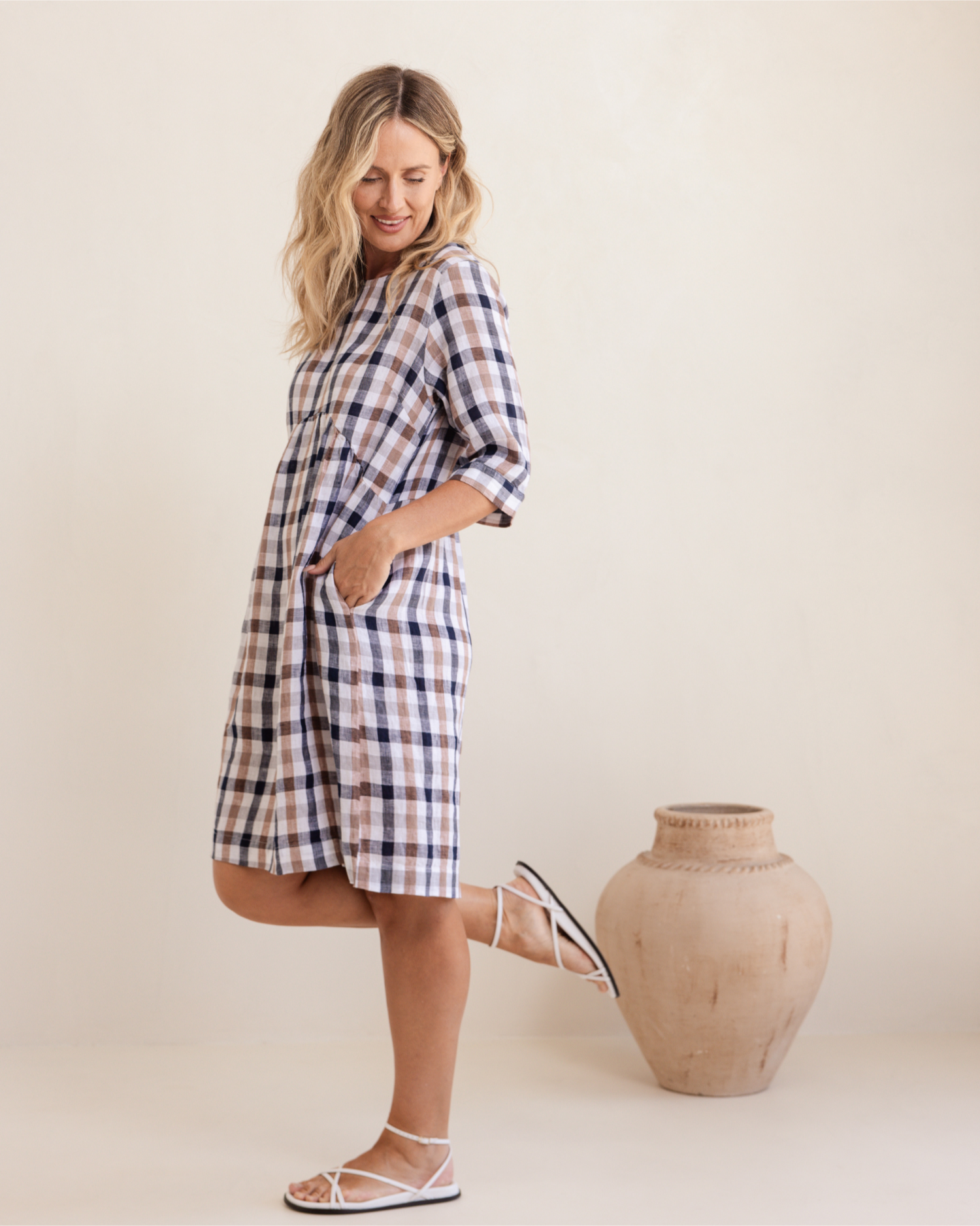 See Saw 3/4 Sleeve Button Back Dress - Navy/Bronze Check