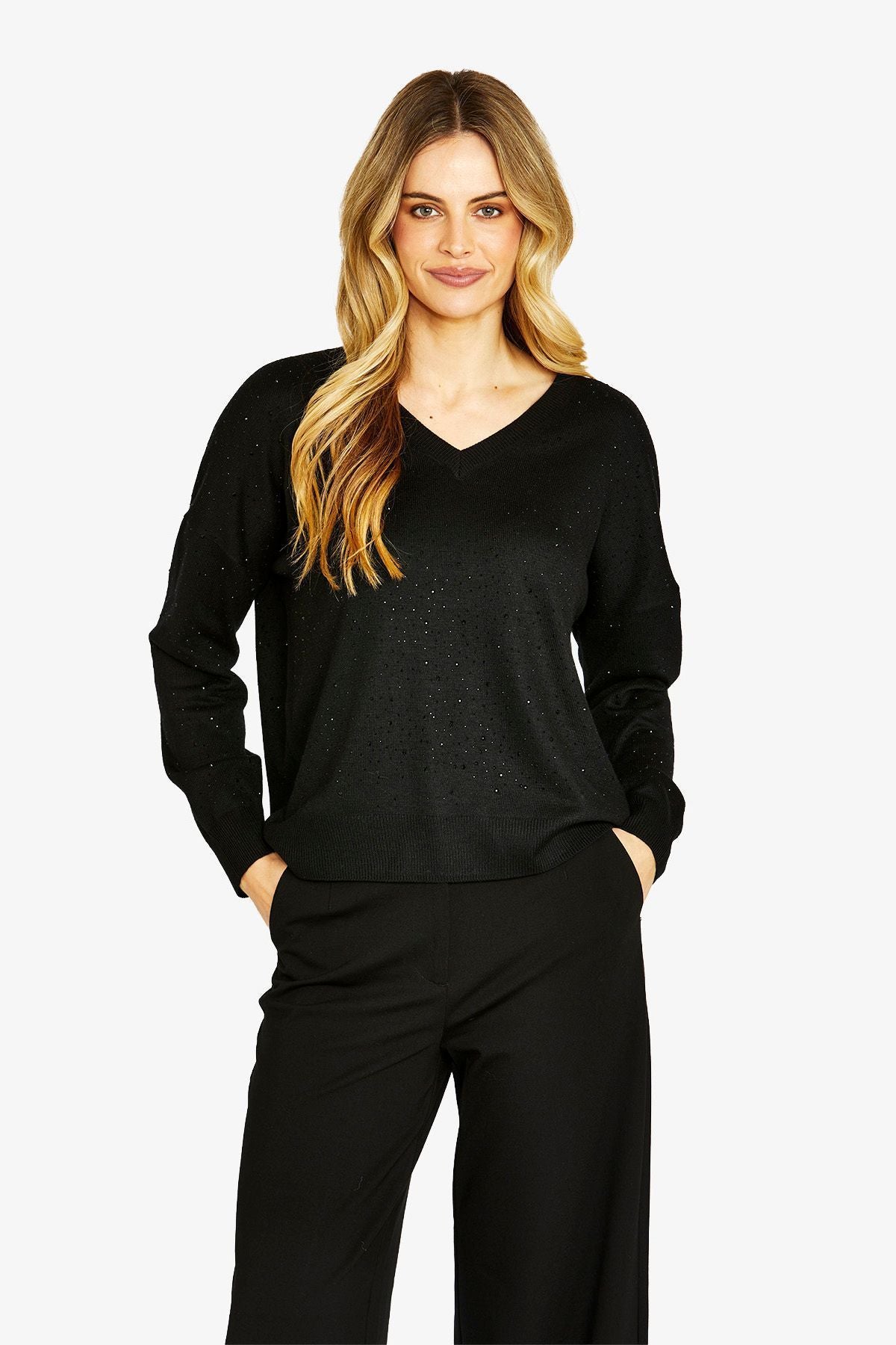 Ping Pong Diamonte V-Neck Pullover - Black