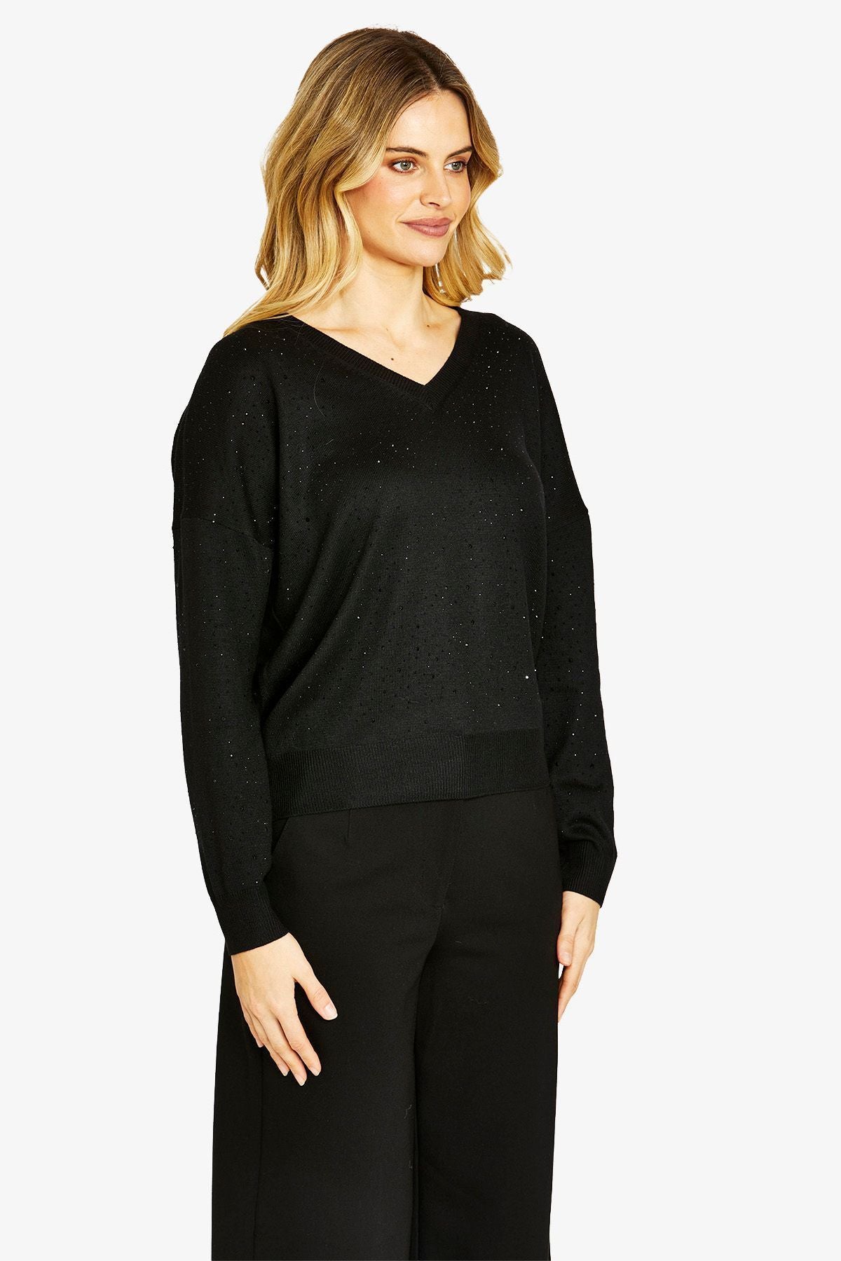 Ping Pong Diamonte V-Neck Pullover - Black