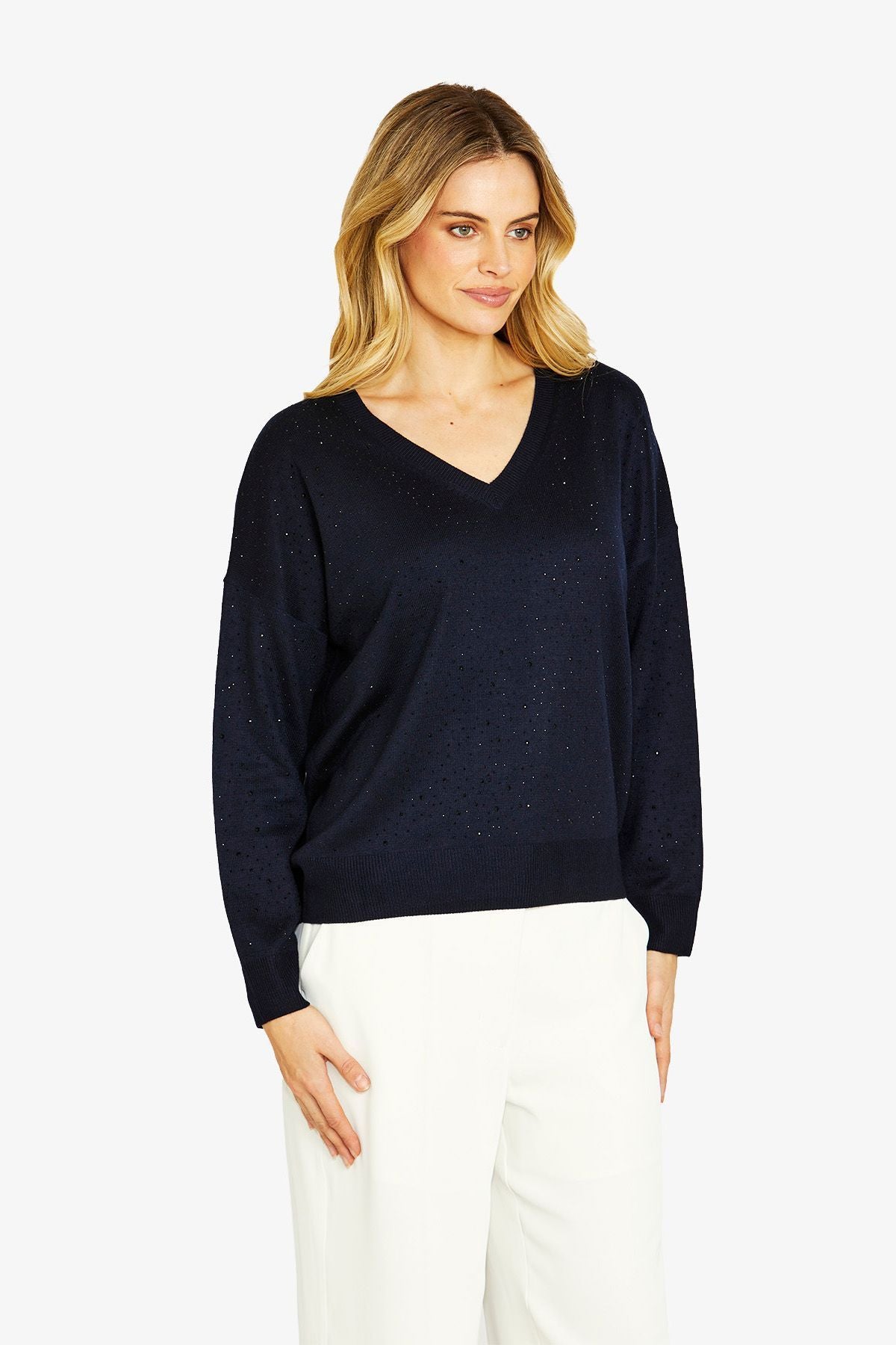 Ping Pong Diamonte V-Neck Pullover -Navy