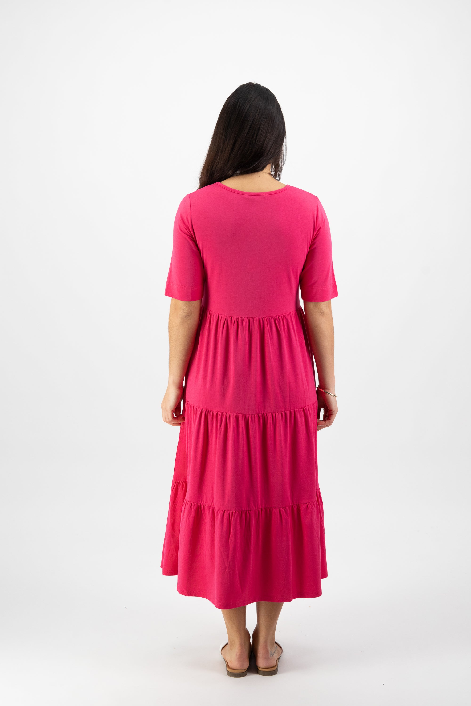Vassalli V-Neck Short Sleeve Tiered Dress - Cerise