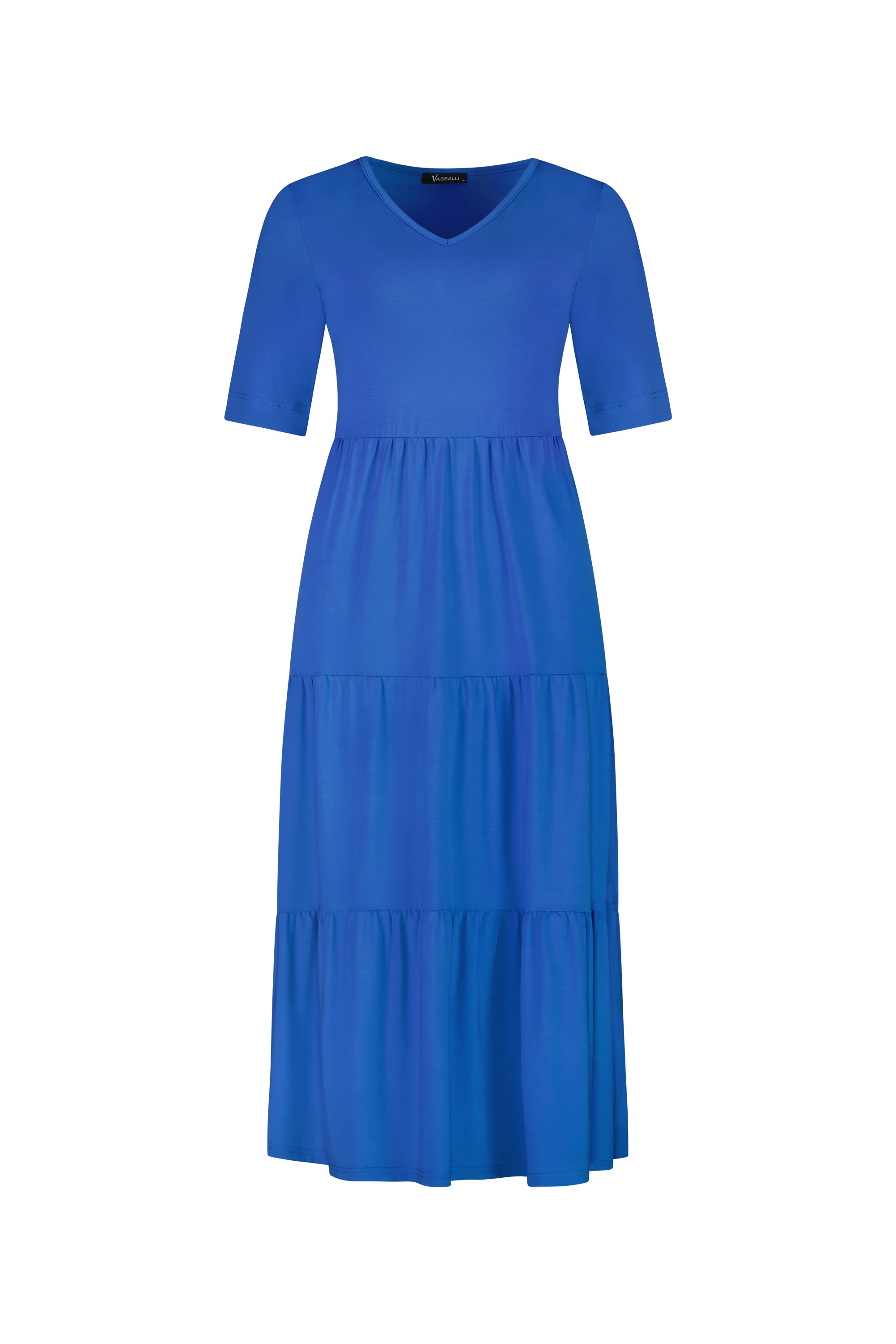 Vassalli V-Neck Short Sleeve Tiered Dress - Cobalt