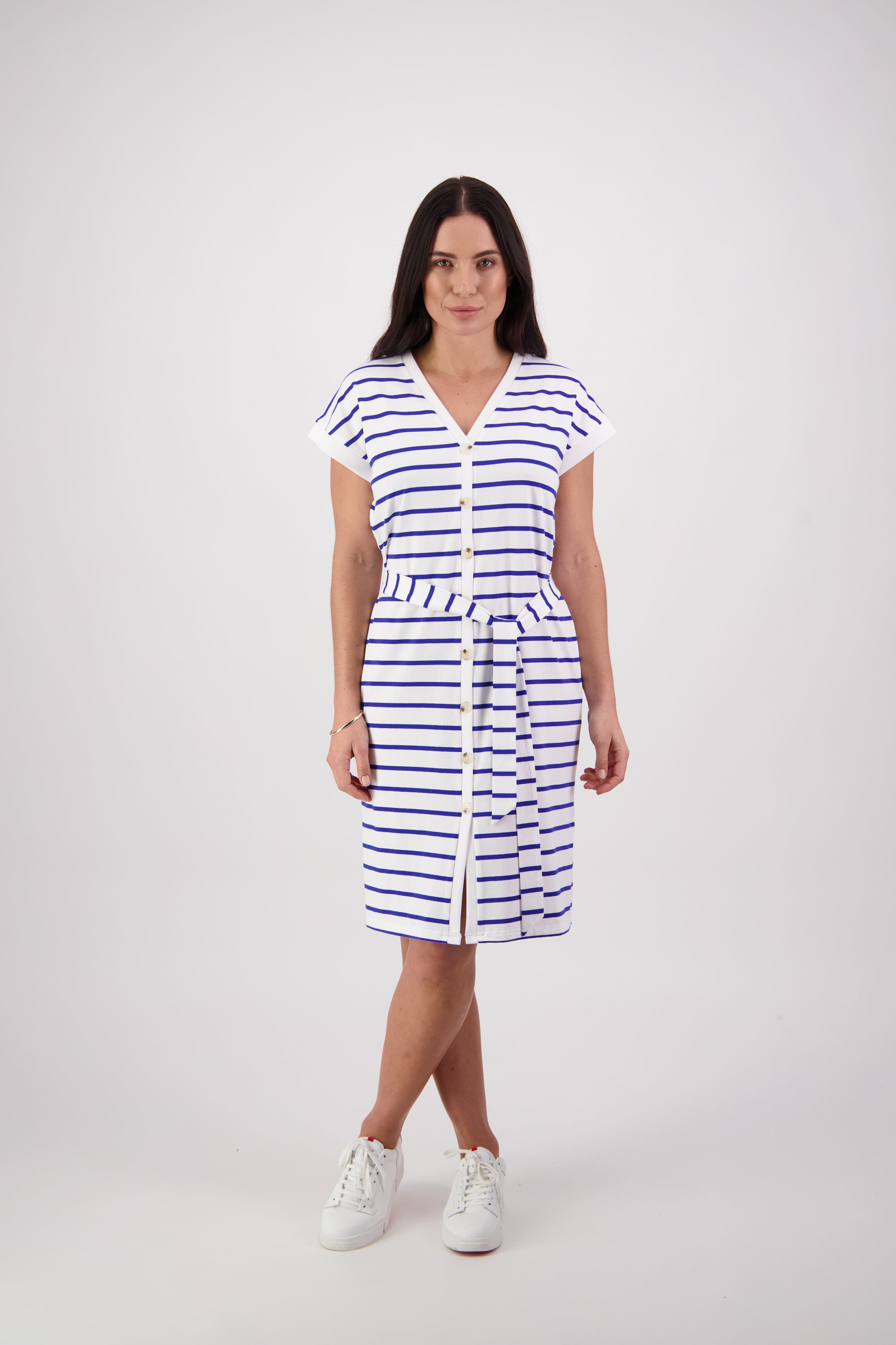 Vassalli Drop Shoulder Button Front Dress - Cobalt Stripe