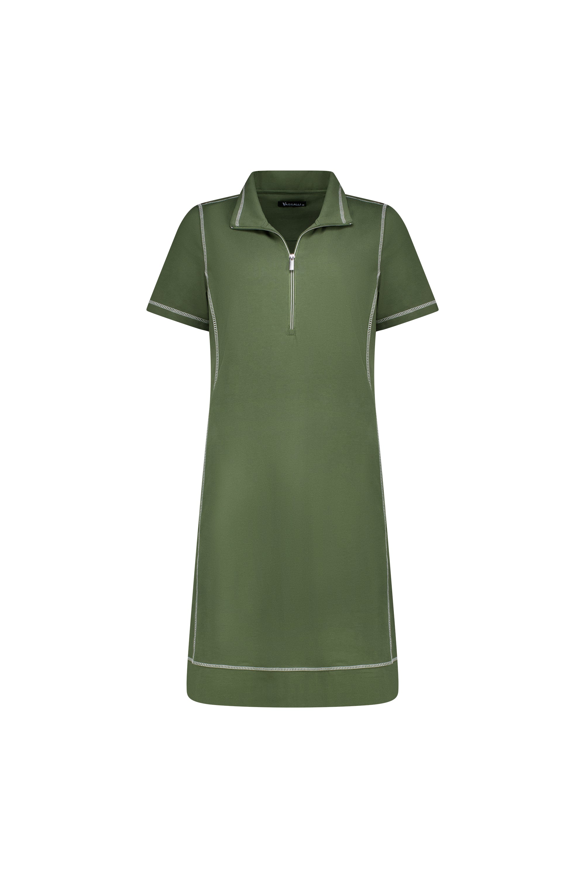 Vassalli Short Sleeve Contrast Stitch Knit Dress - Khaki