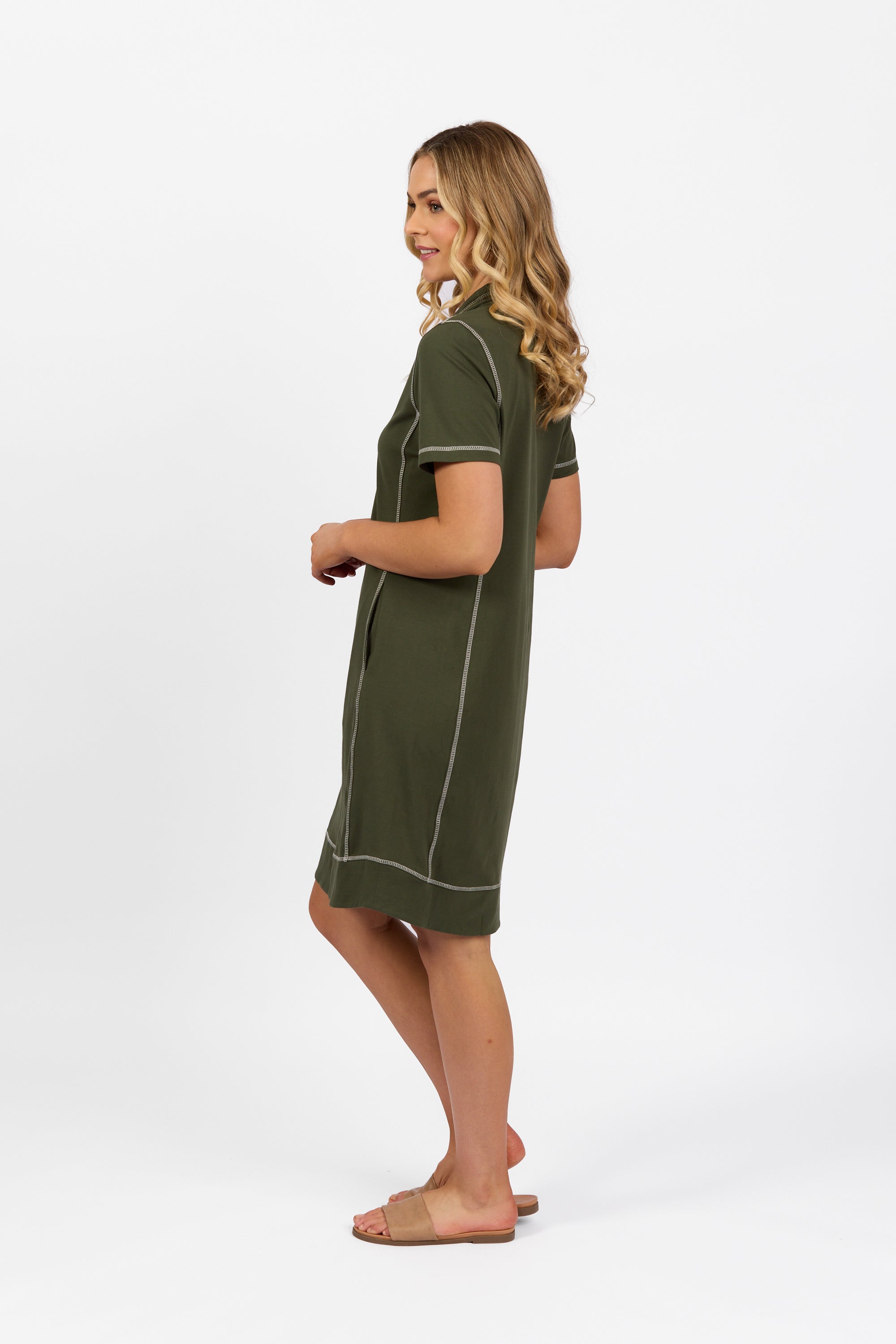 Vassalli Short Sleeve Contrast Stitch Knit Dress - Khaki