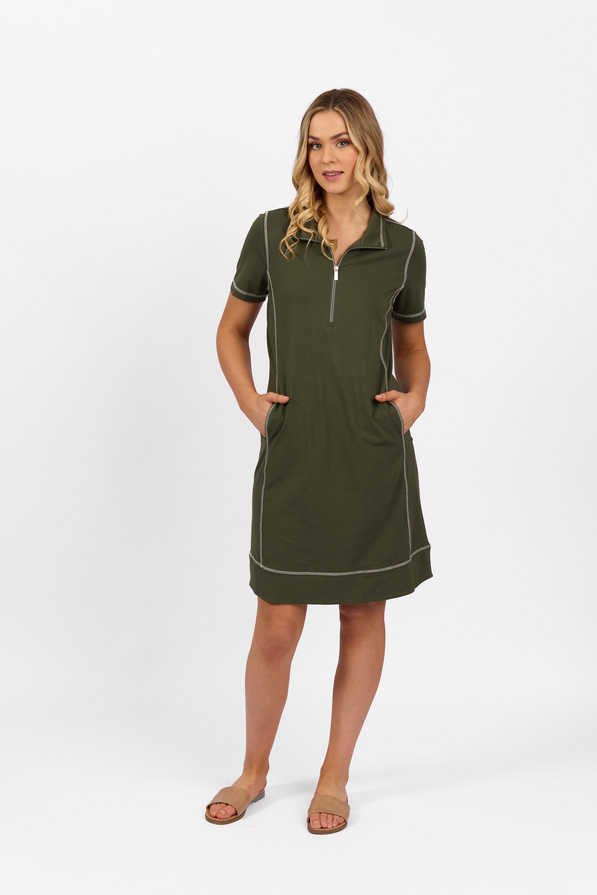 Vassalli Short Sleeve Contrast Stitch Knit Dress - Khaki