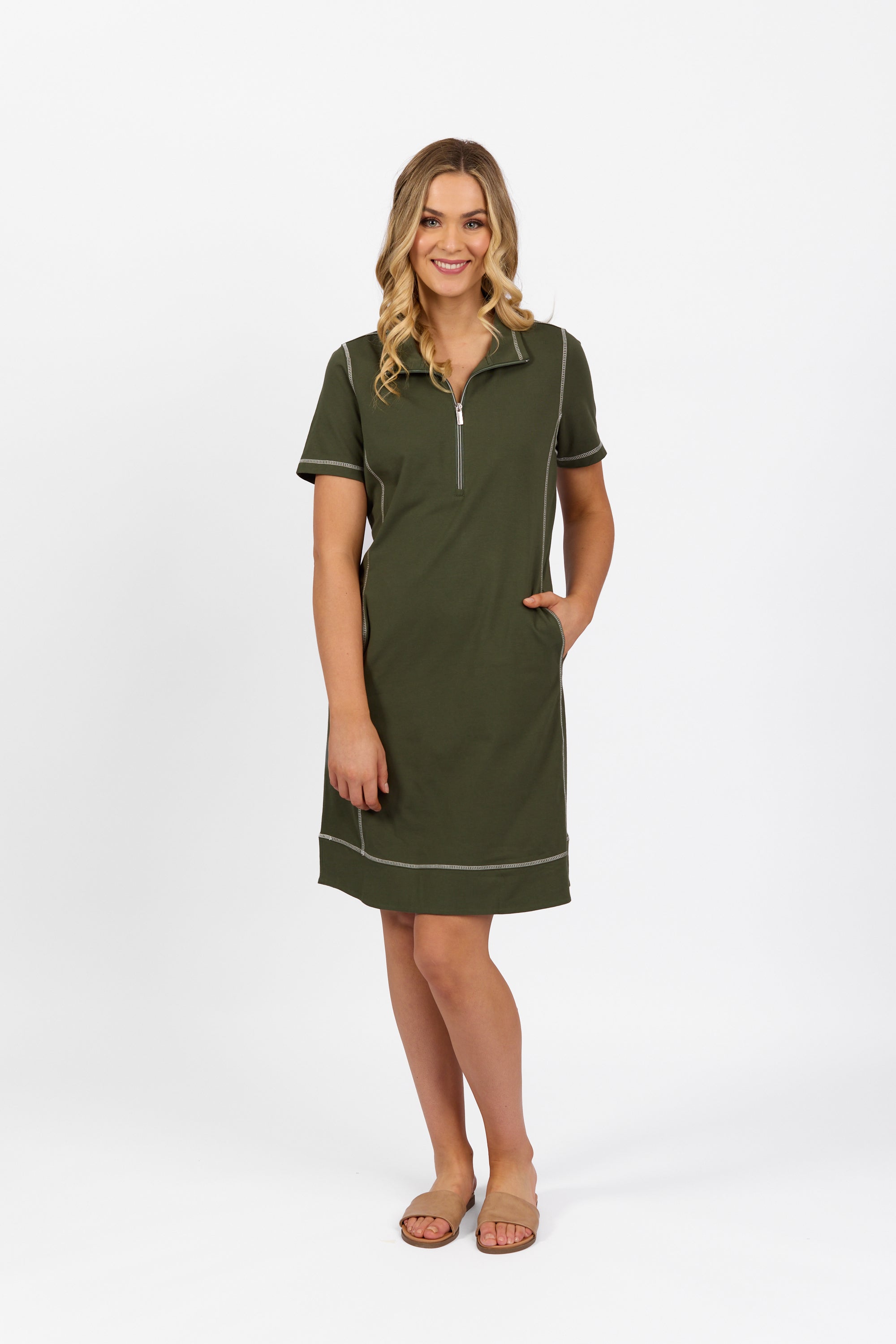 Vassalli Short Sleeve Contrast Stitch Knit Dress - Khaki