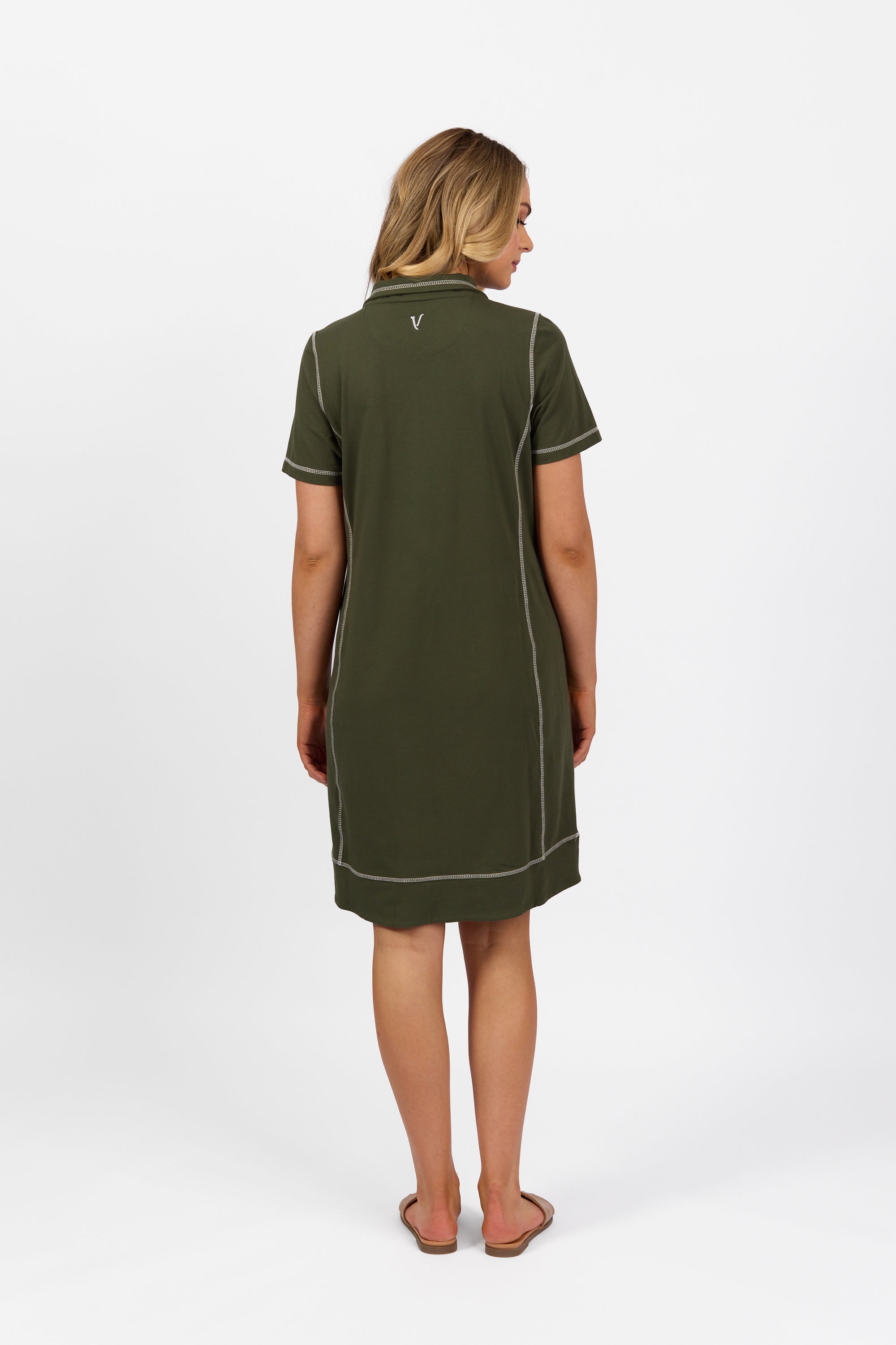 Vassalli Short Sleeve Contrast Stitch Knit Dress - Khaki