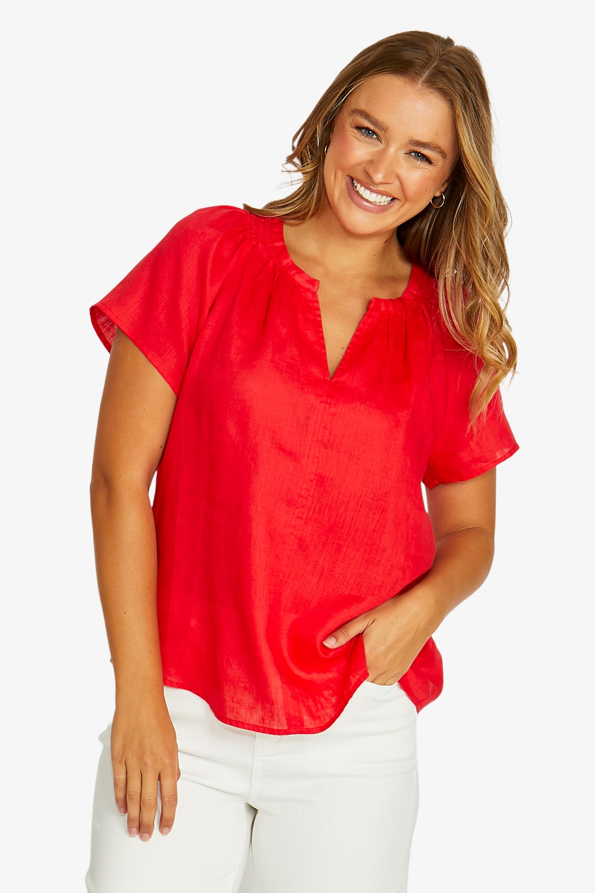 Jump Shirred Neck Top - Chilli
