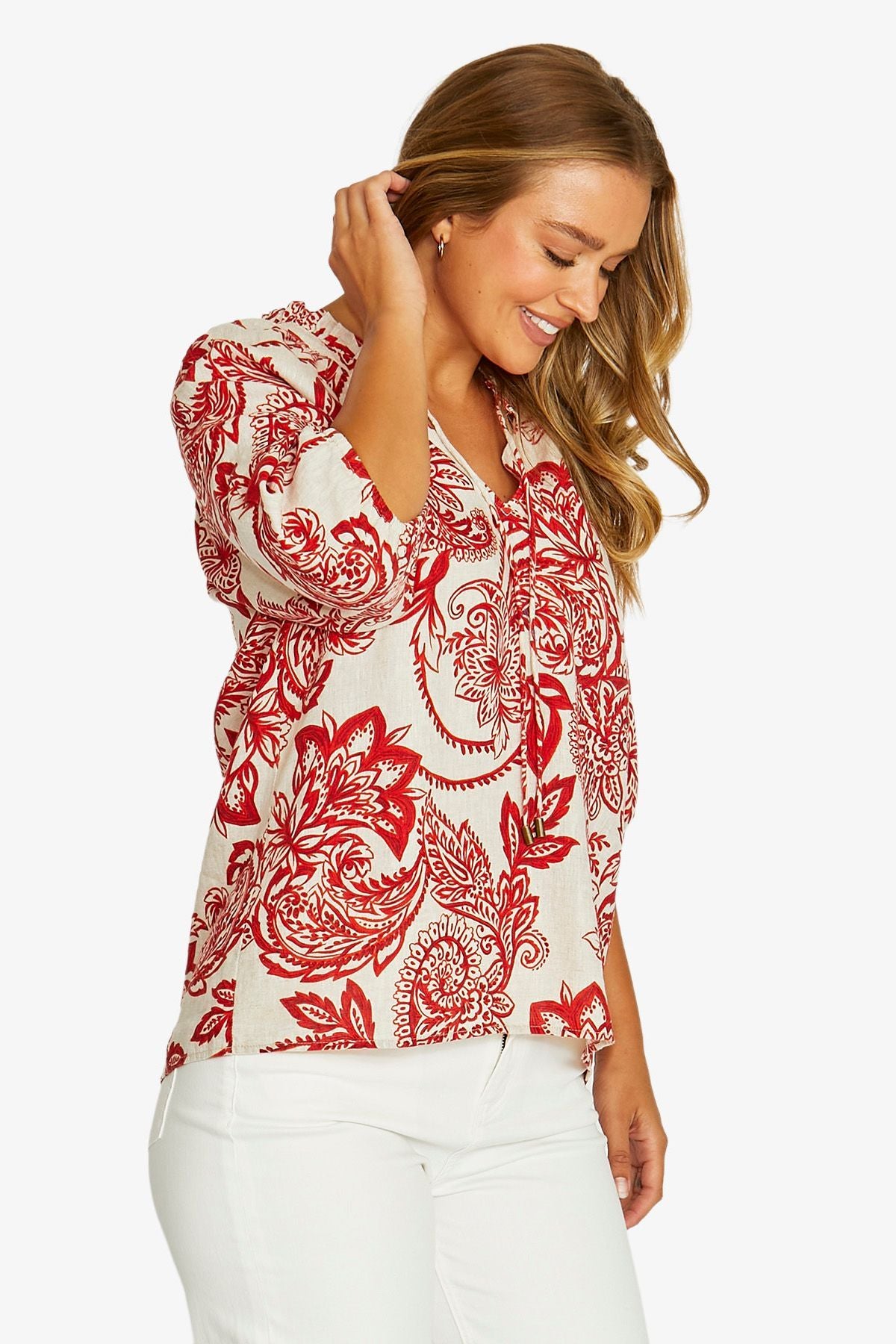 Jump Bohemia Ruffle Neck Top - Red/Flax