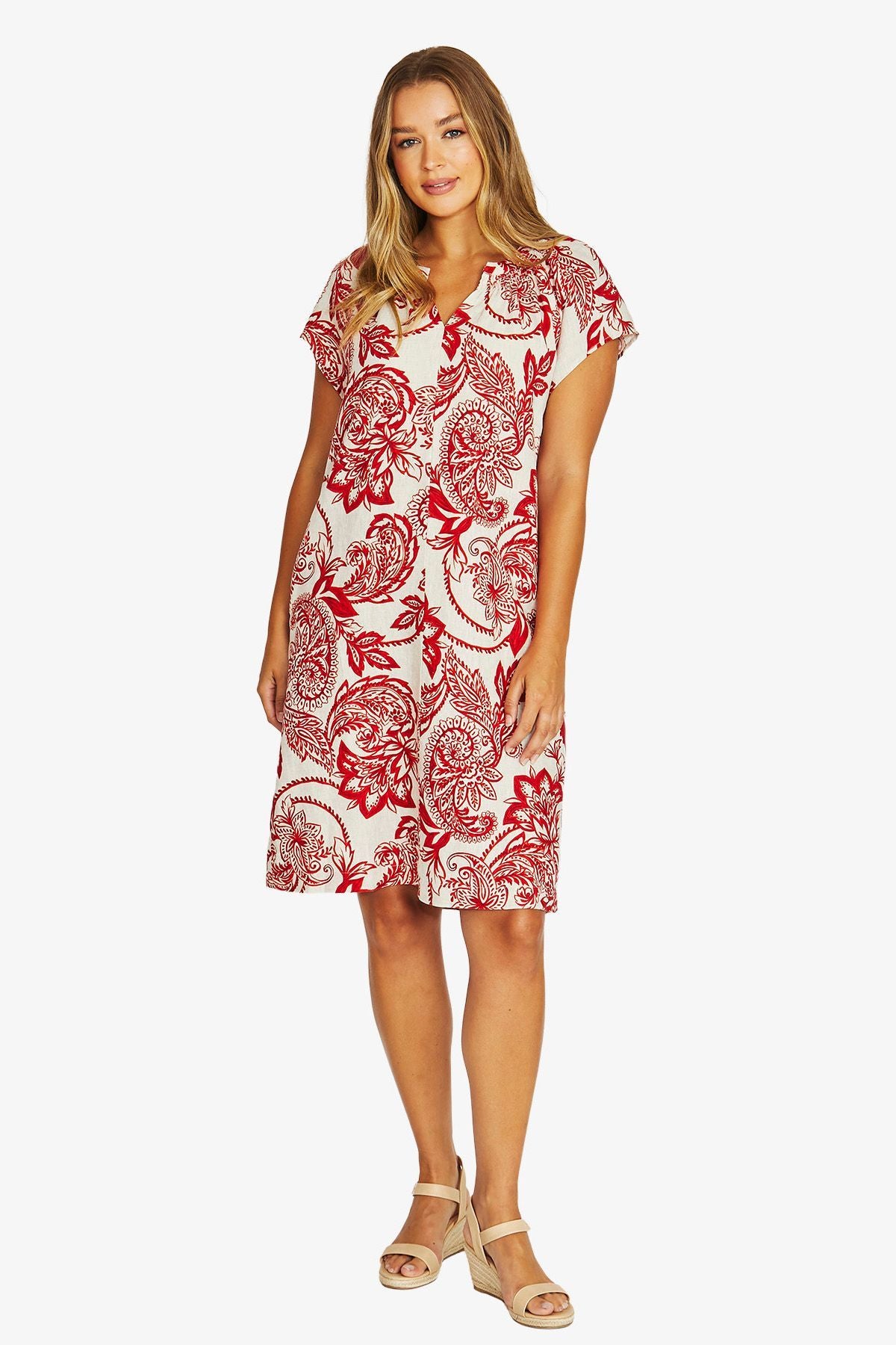 Jump Bohemia Shirred Dress - Red/Flax