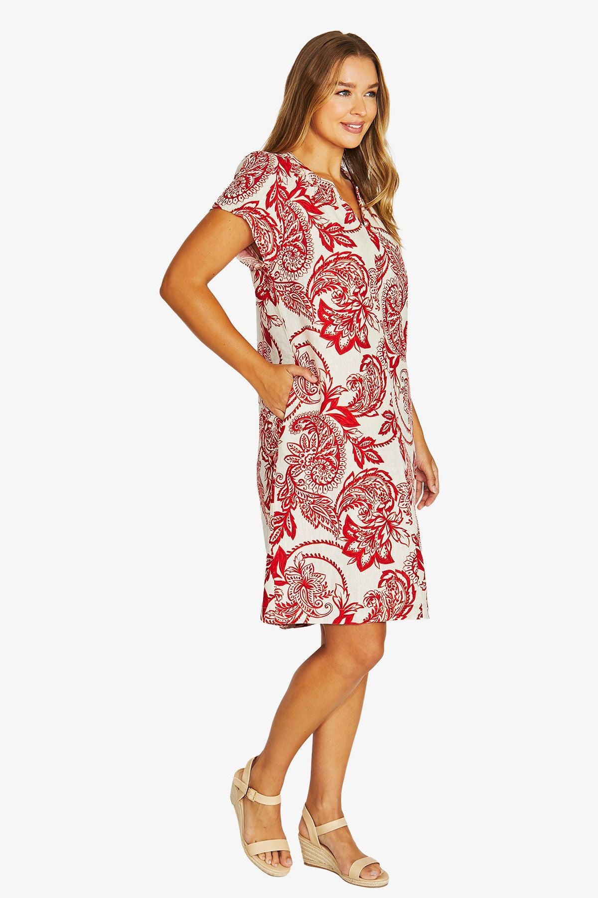 Jump Bohemia Shirred Dress - Red/Flax