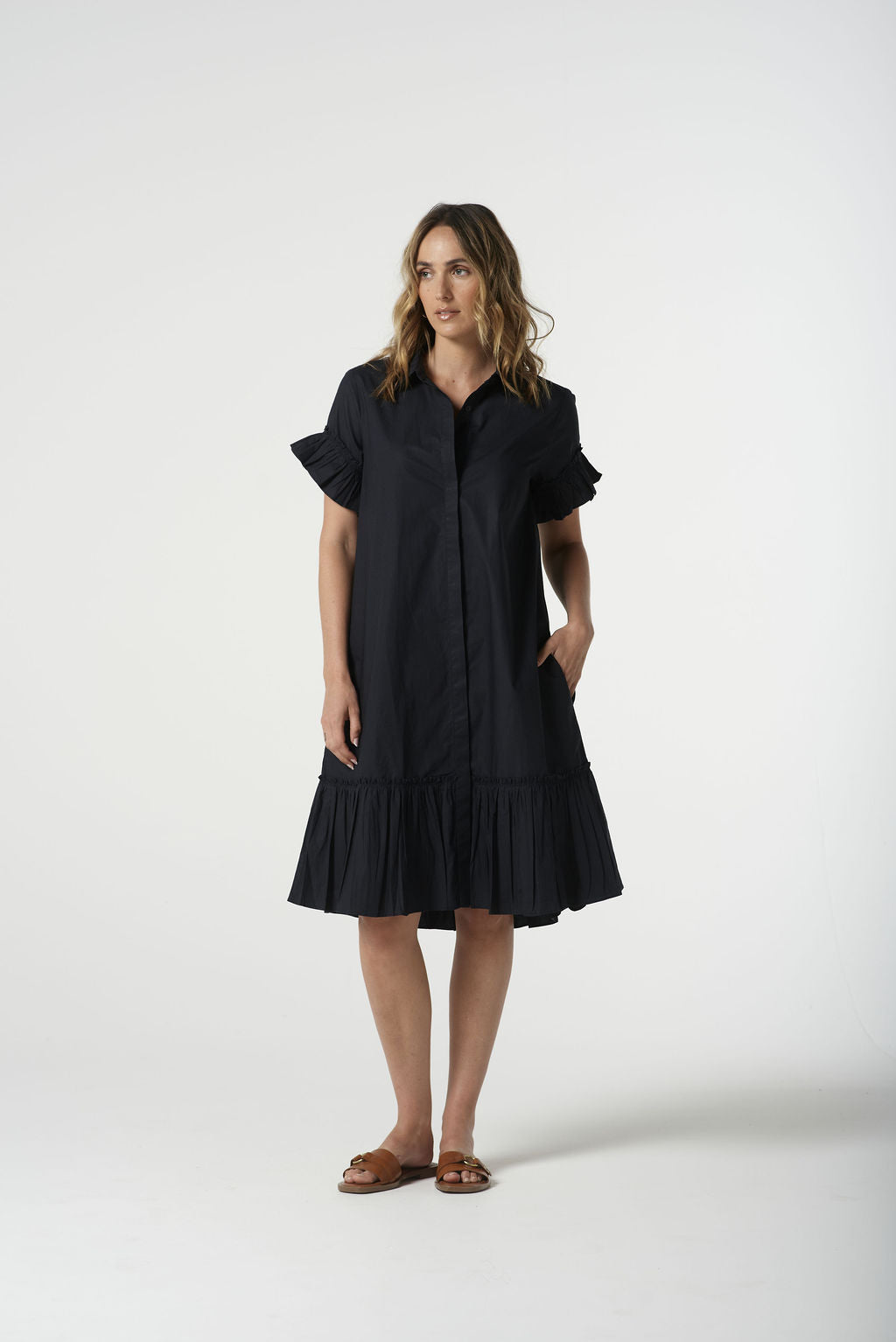 Goondiwindi Cotton Ruffle Midi Dress - Dark Navy