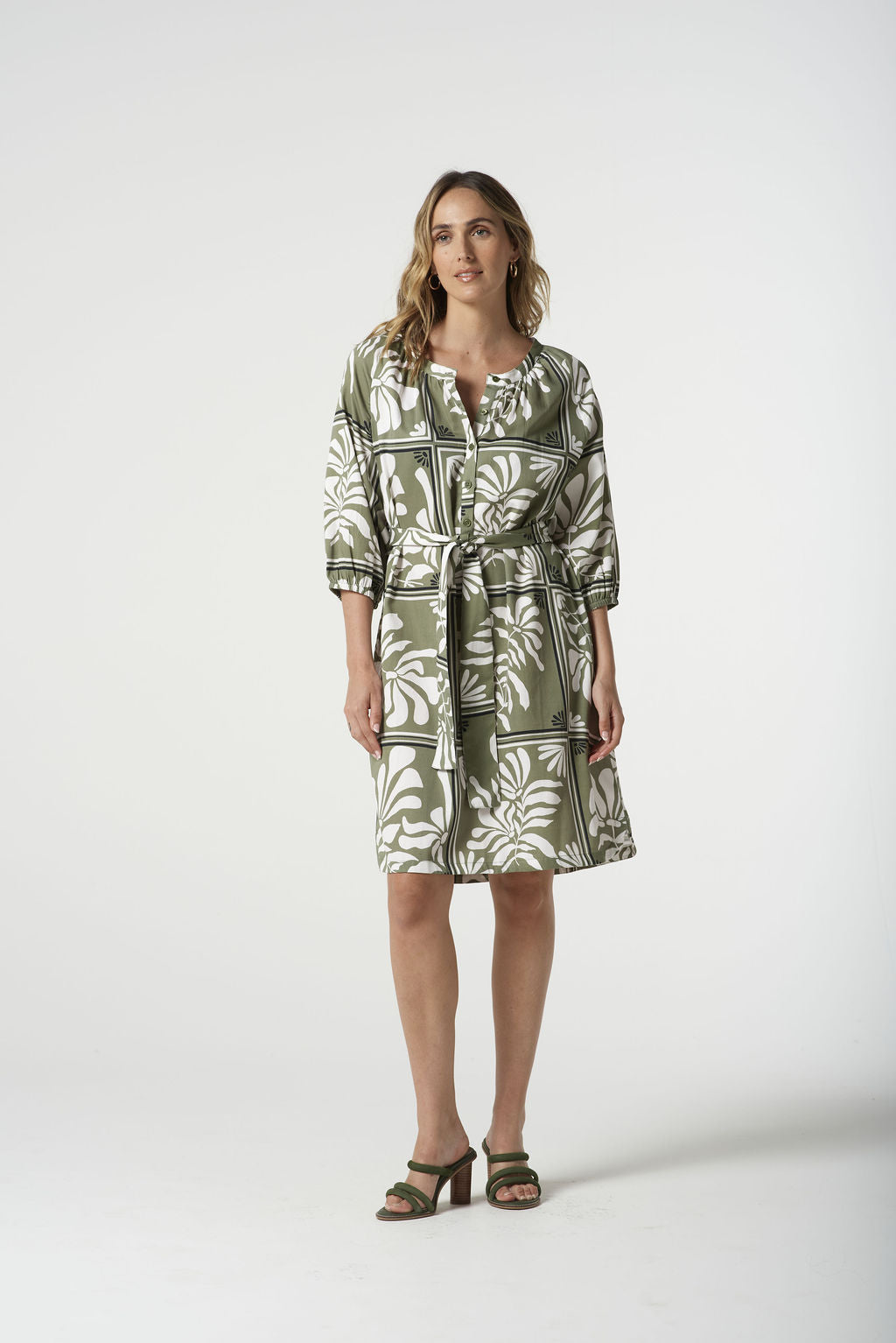 Goondiwindi Cotton  Raglan Dress With Placket - Sage Green Print