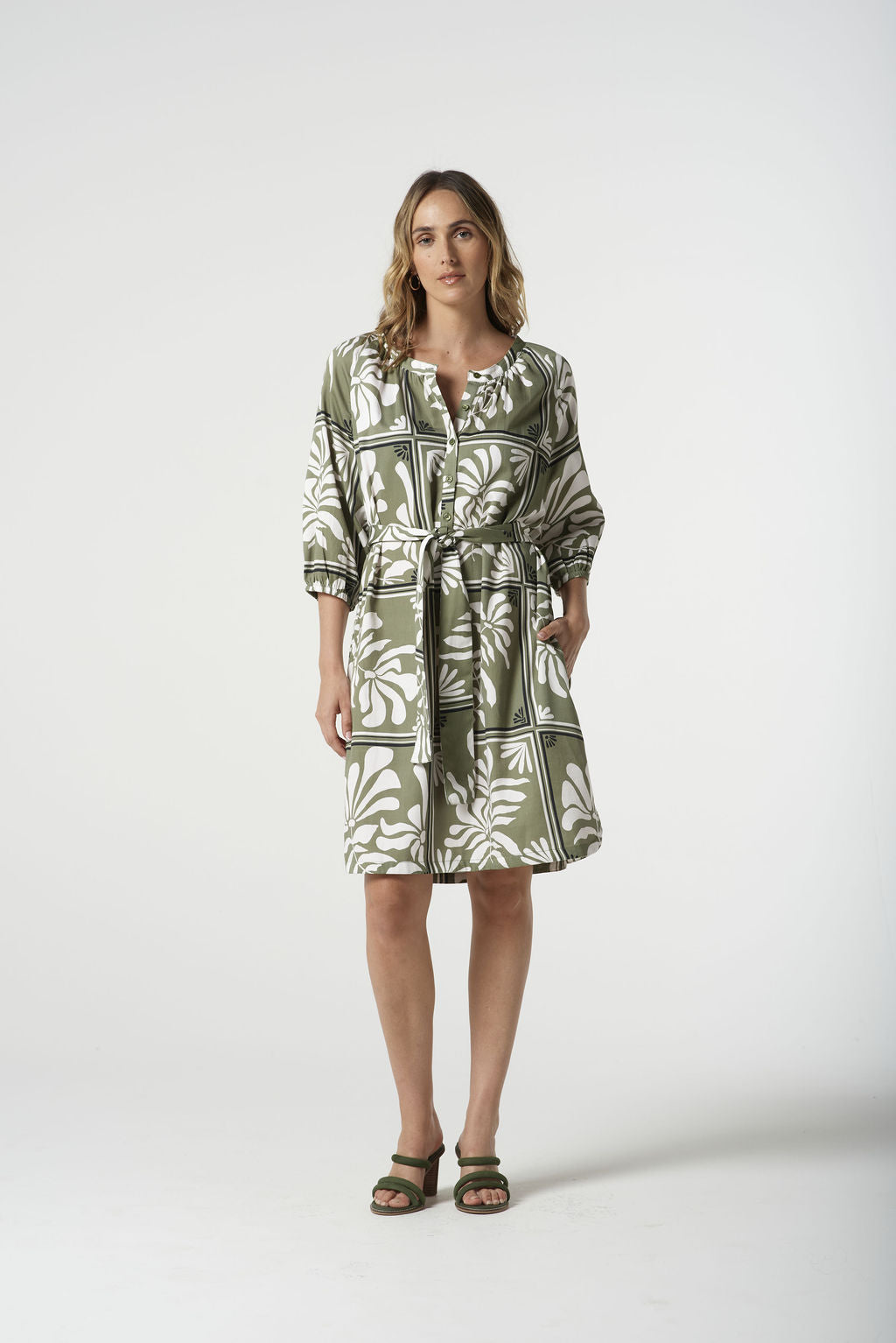 Goondiwindi Cotton  Raglan Dress With Placket - Sage Green Print