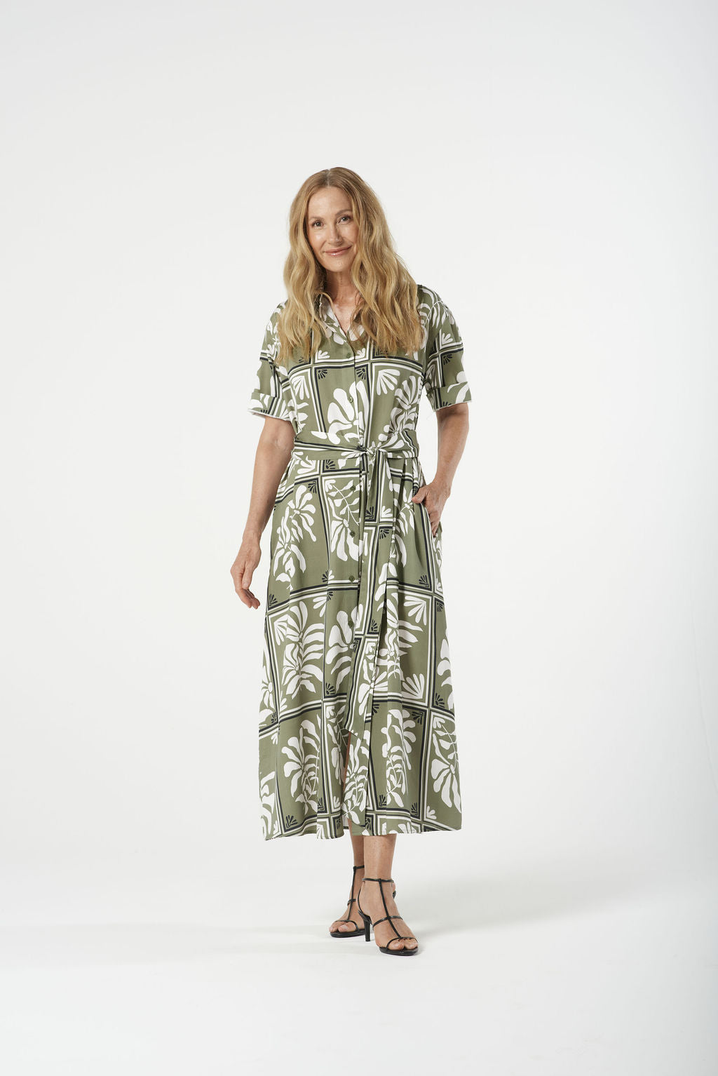 Goondiwindi Cotton Maxi Belted Shirt Dress - Sage Green Print