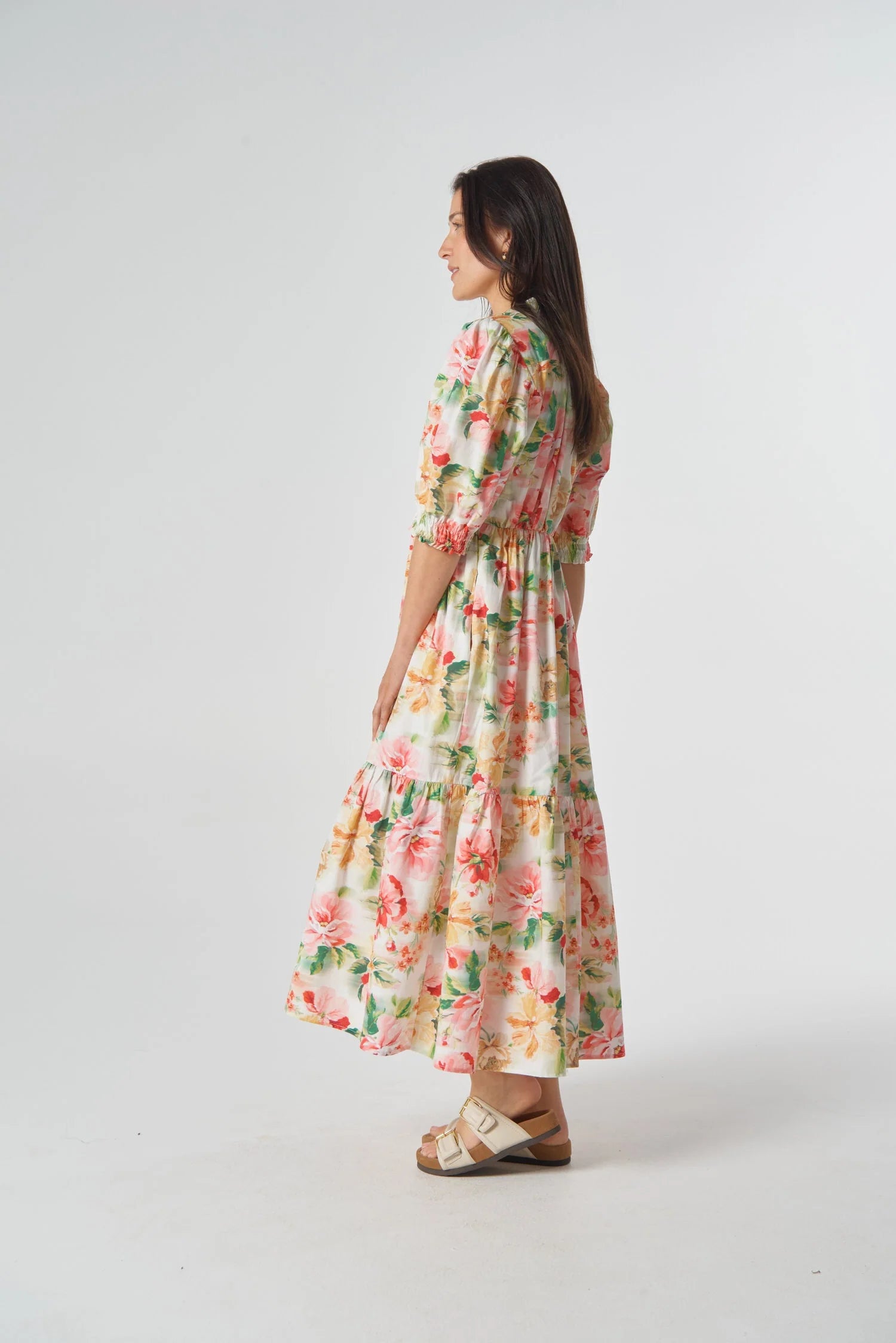 Goondiwindi Cotton Puff Sleeve Button Through Cotton Dress - Blurred Floral