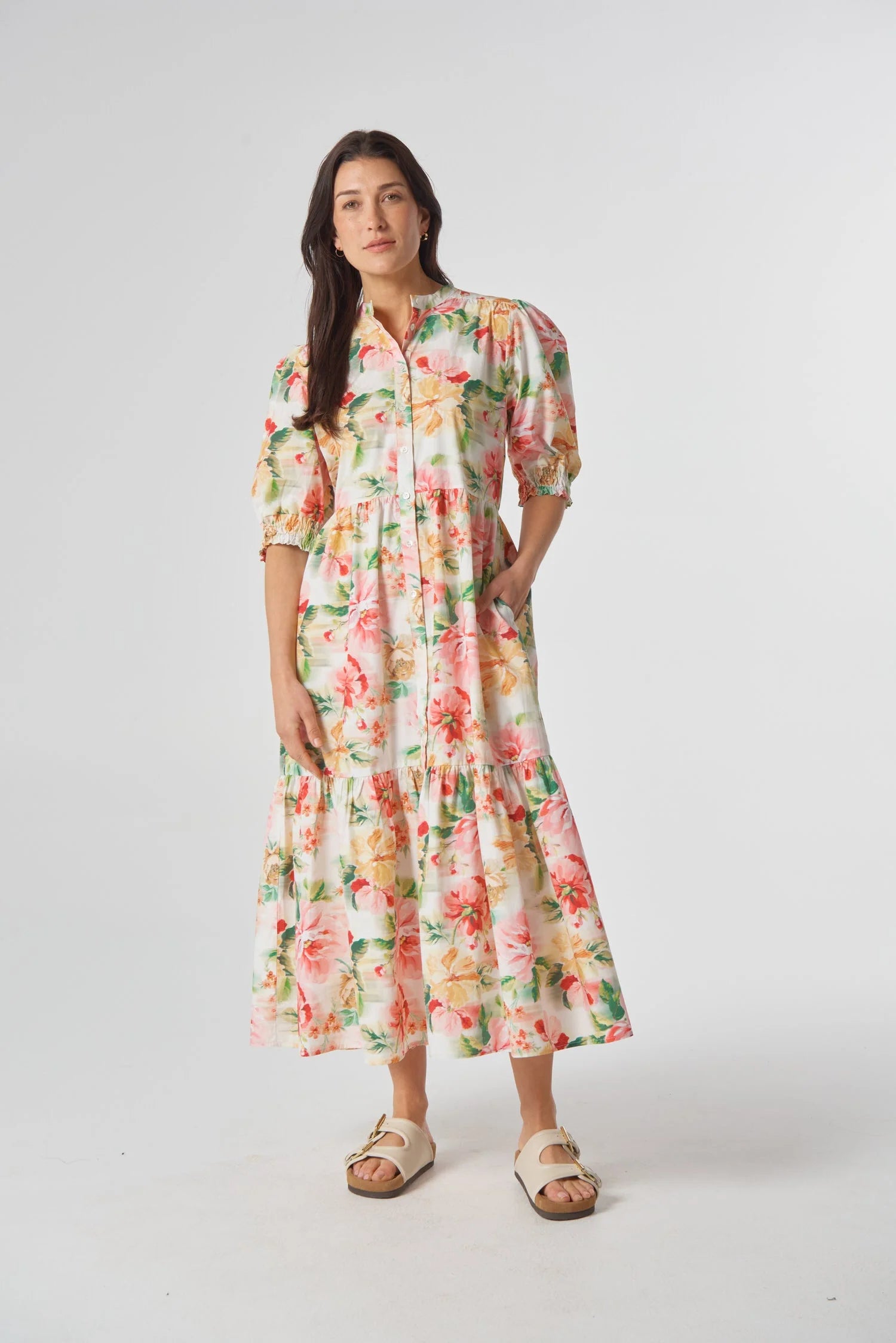 Goondiwindi Cotton Puff Sleeve Button Through Cotton Dress - Blurred Floral