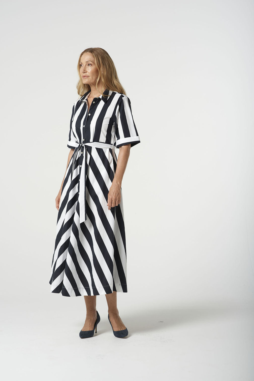 Goondiwindi Cotton Classic Bias Cut Cotton Dress - Navy/White
