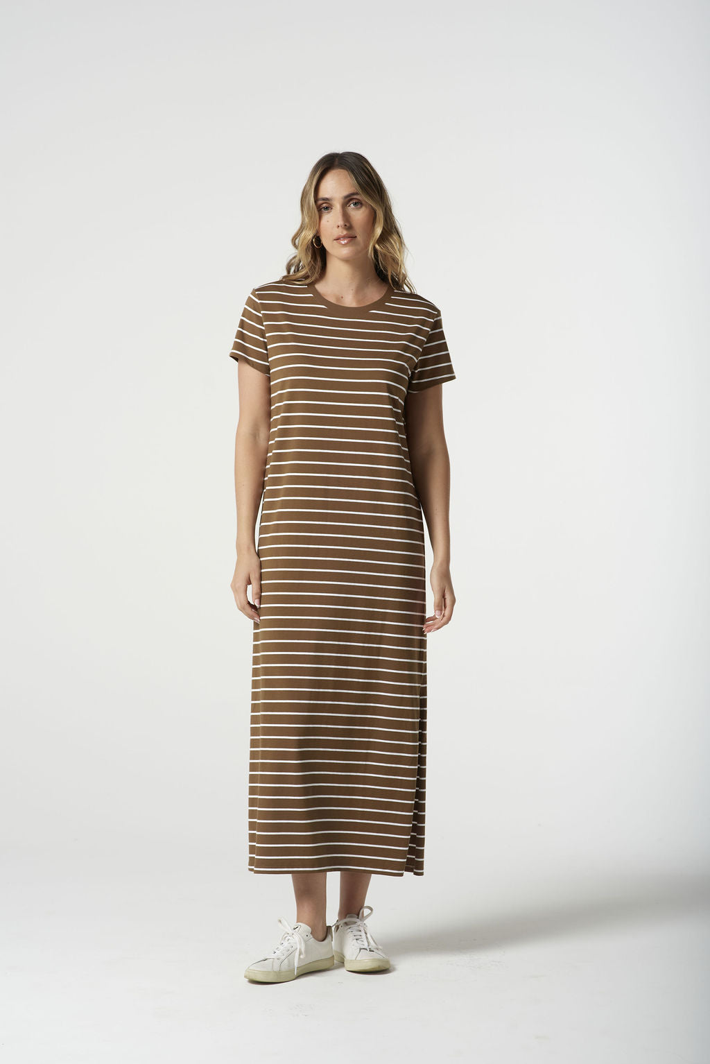 Goondiwindi Cotton Stripe Maxi T-Shirt Dress - White/Otter