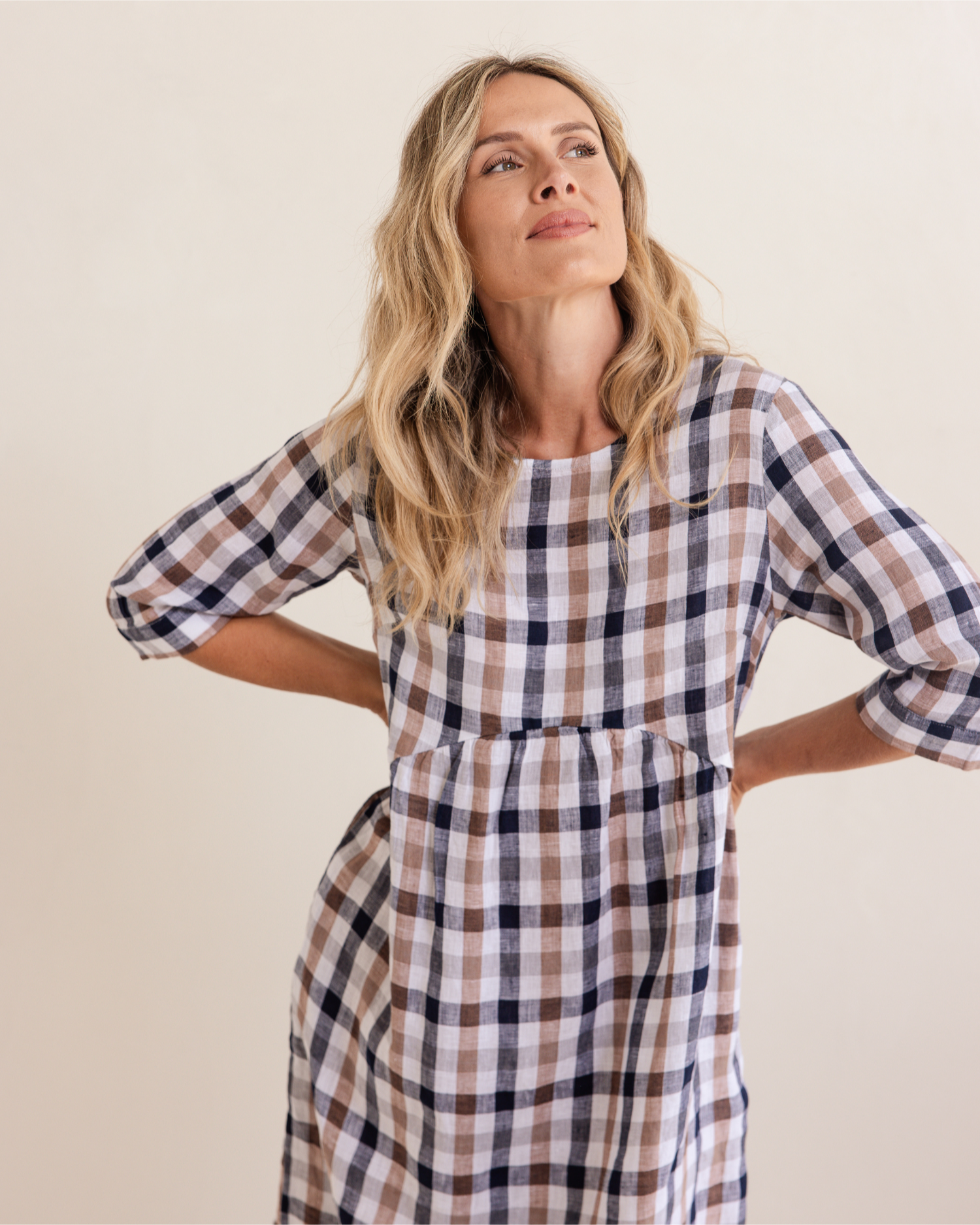 See Saw 3/4 Sleeve Button Back Dress - Navy/Bronze Check