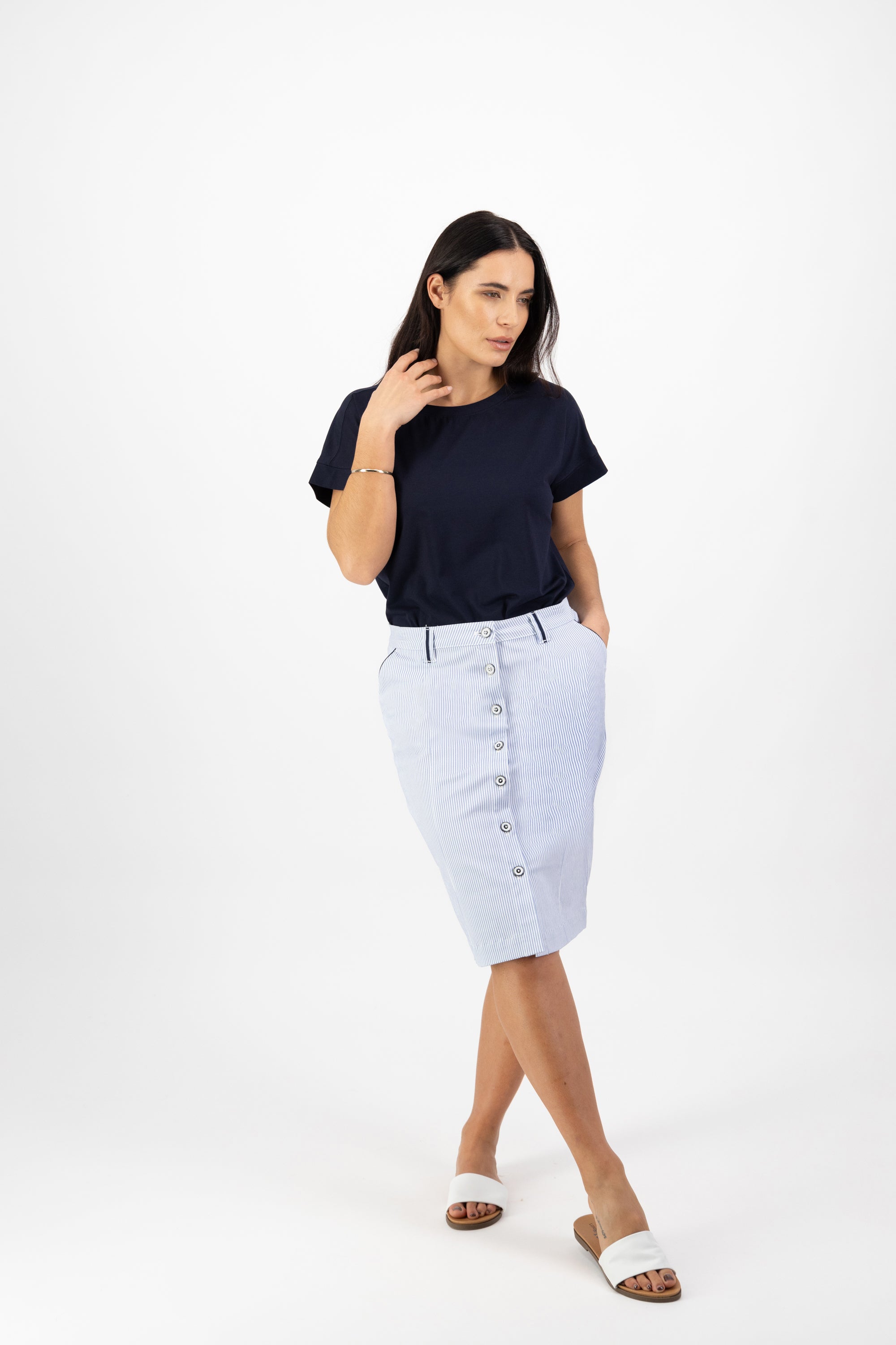 Vassalli Knee Length Skirt with Contrast Buttons and Trim - Stripe