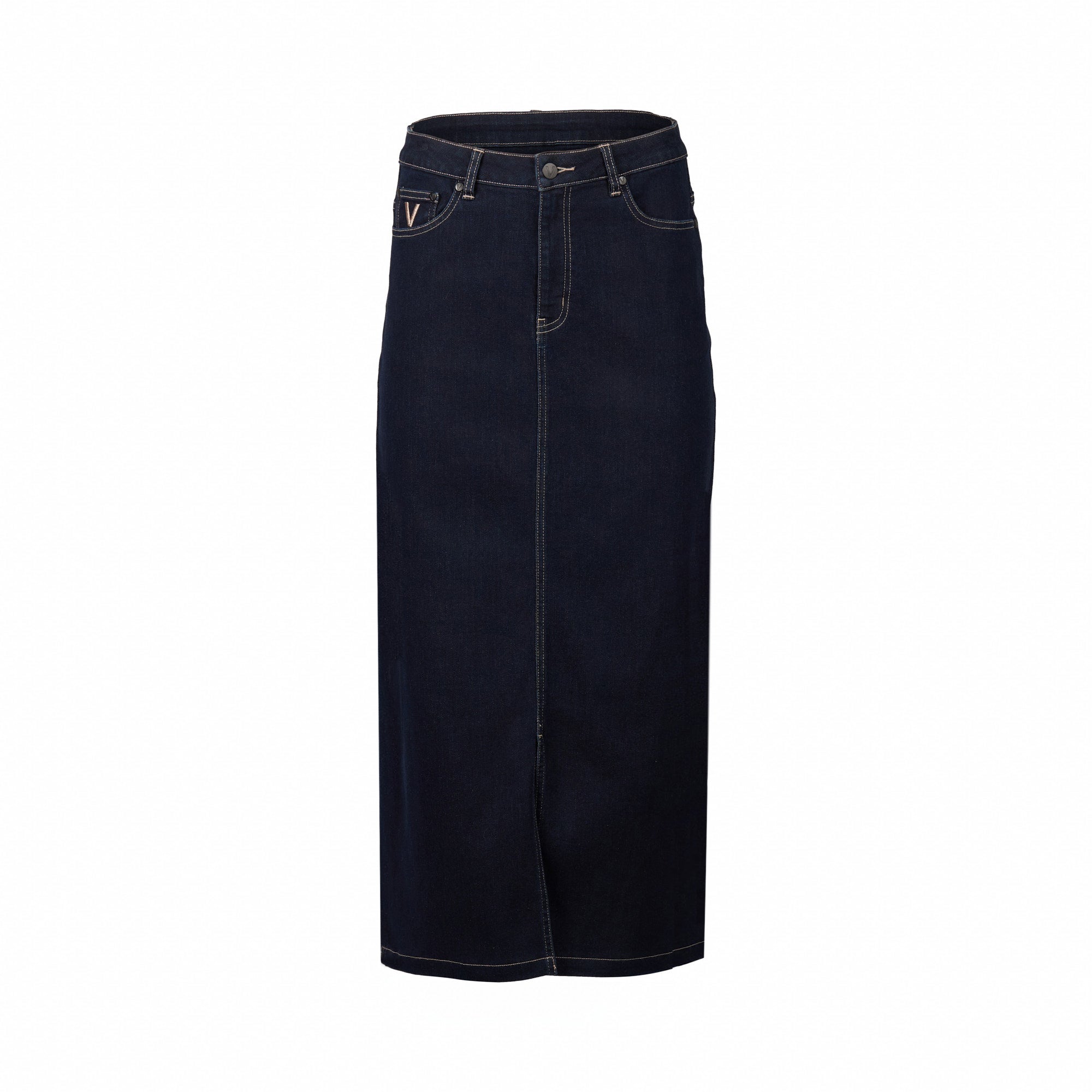 Vassalli Mid Length Skirt with Centre Front Split - Ink Denim