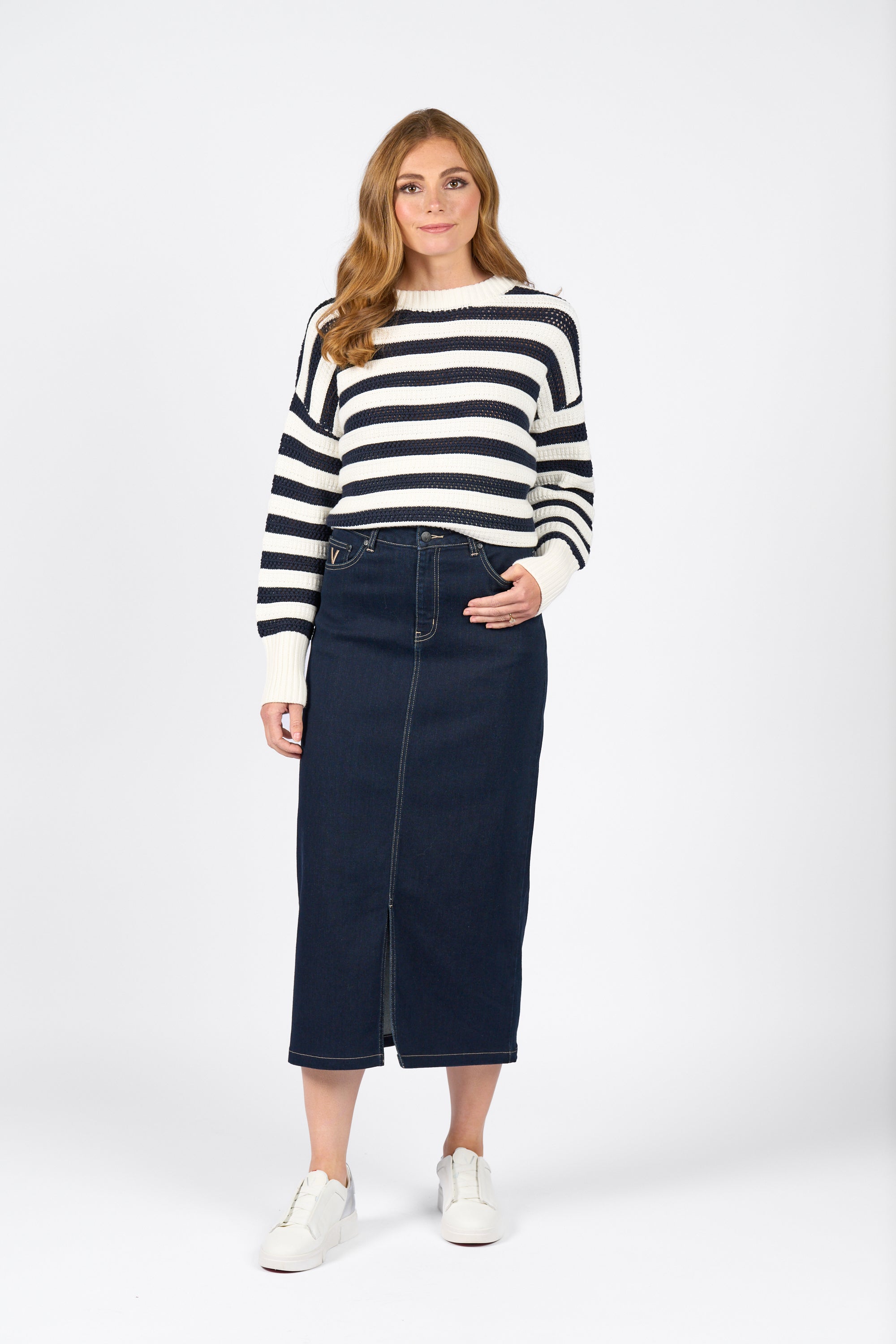 Vassalli Mid Length Skirt with Centre Front Split - Ink Denim