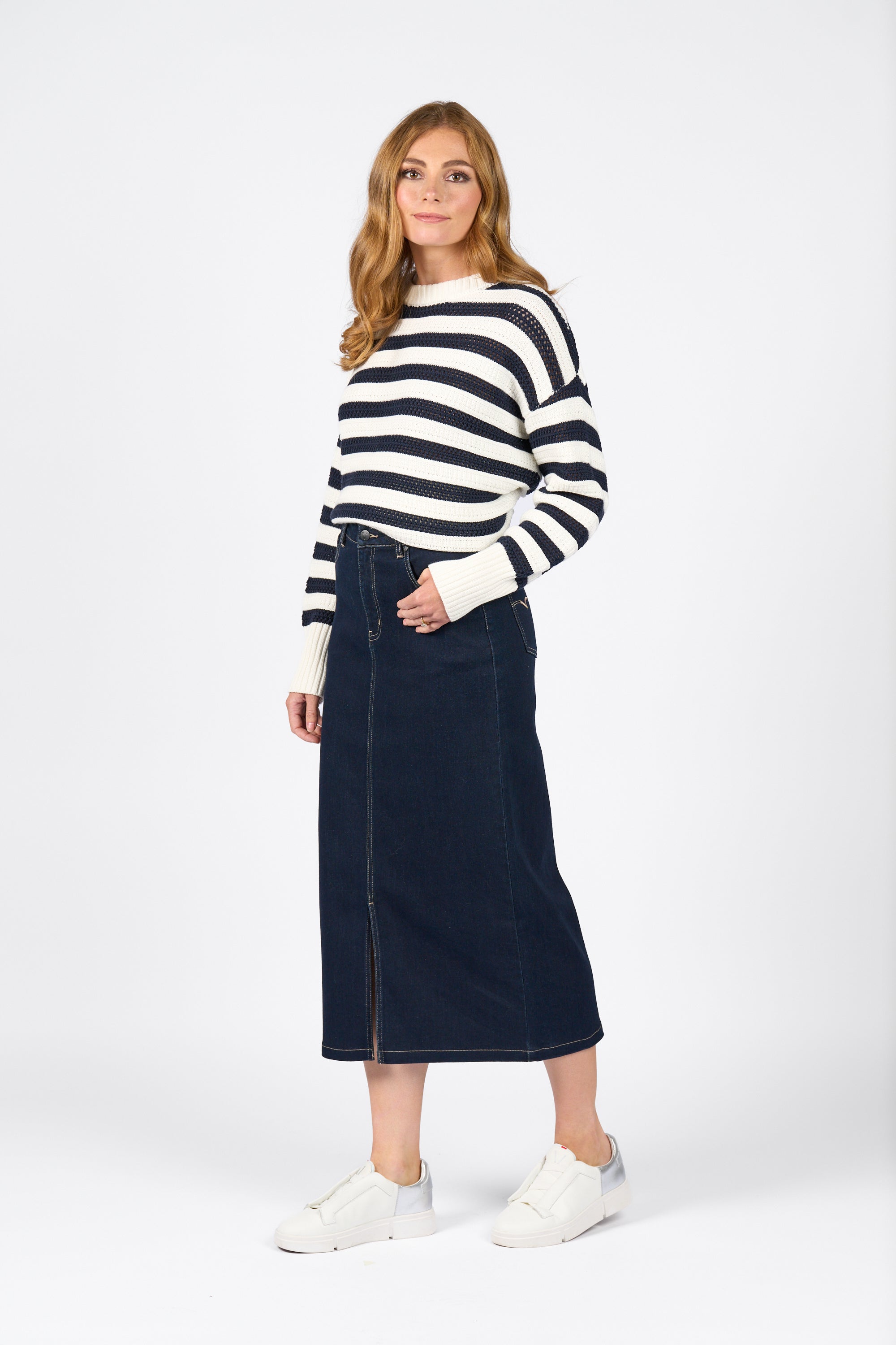 Vassalli Mid Length Skirt with Centre Front Split - Ink Denim