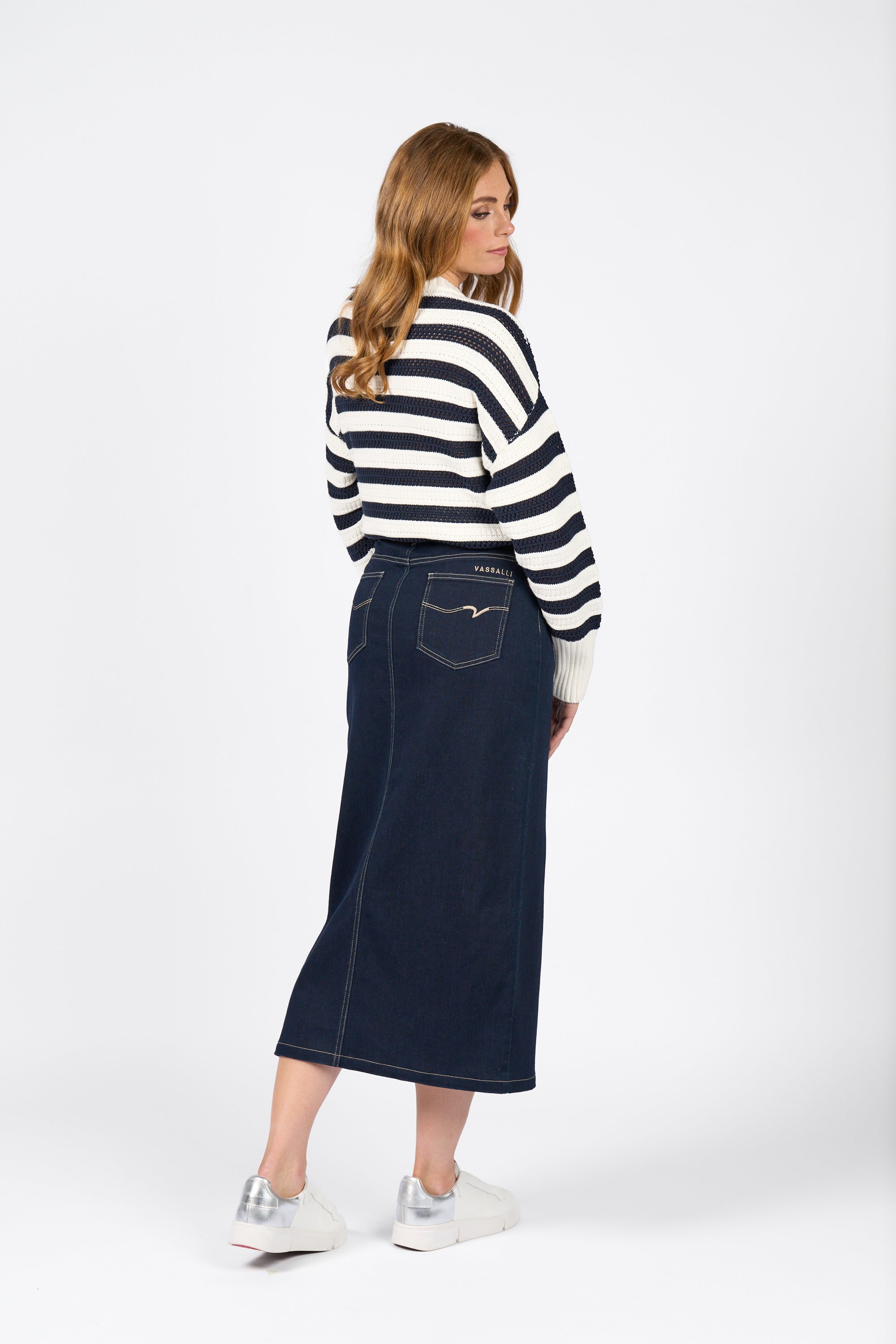 Vassalli Mid Length Skirt with Centre Front Split - Ink Denim