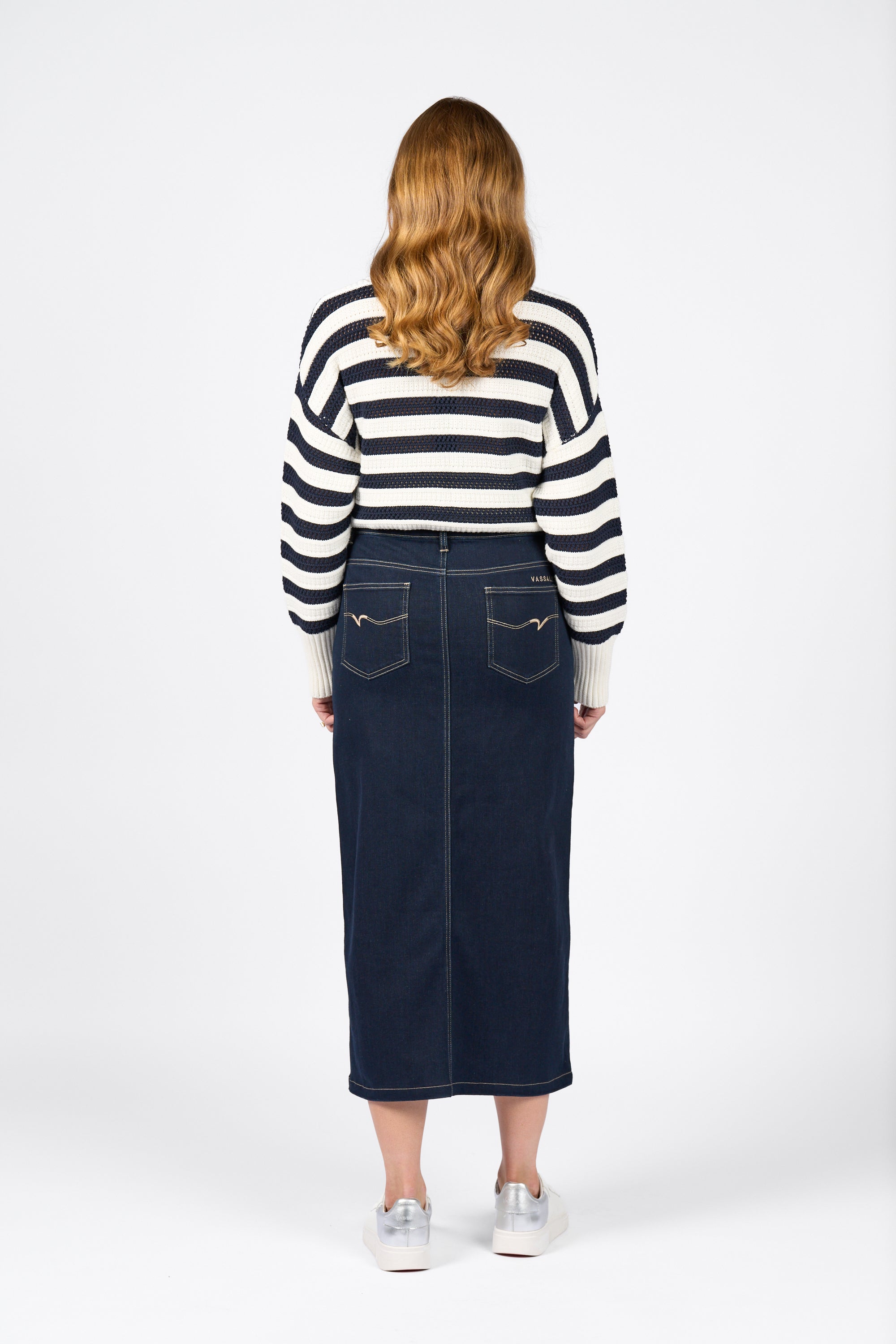 Vassalli Mid Length Skirt with Centre Front Split - Ink Denim