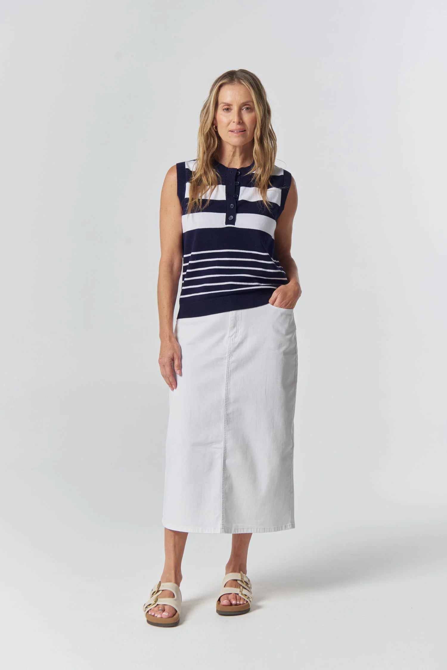 Goondiwindi Cotton Sungrain Cotton Knit Vest - Dark Navy/White